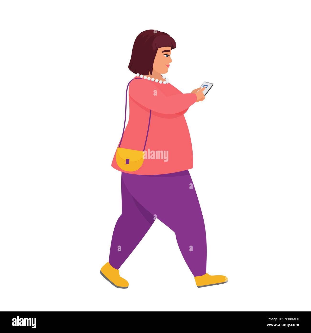 Donna grassa che usa i social media. Più grande ragazza che cammina con illustrazione vettoriale del cartone animato dello smartphone Illustrazione Vettoriale