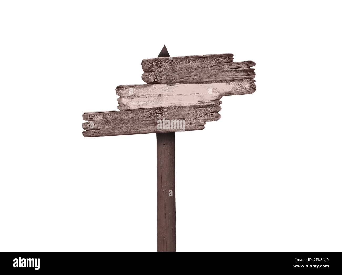 Albero vuoto vecchi segni rustici di direzione in legno su un palo, isolato su bianco con copy-space Foto Stock