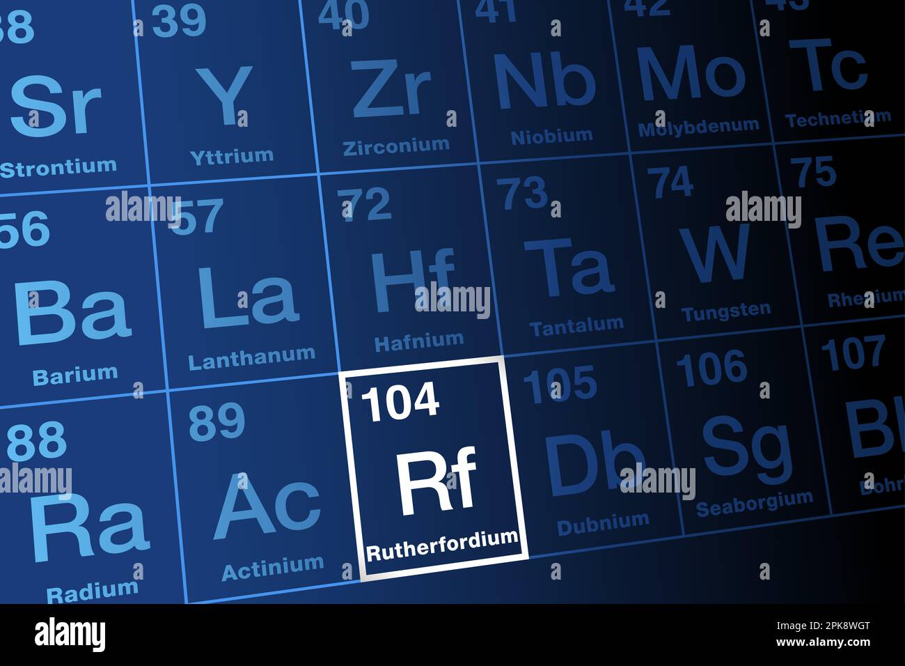 Rutherfordium, sulla tavola periodica. Elemento transactinide sintetico radioattivo con simbolo dell'elemento RF e numero atomico 104. Foto Stock