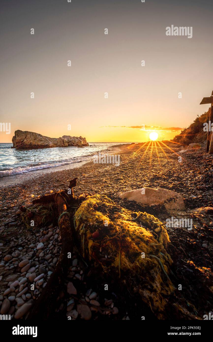 Xigia Pigadi Beach, bellissima spiaggia di sabbia a Zante per l'alba Foto Stock