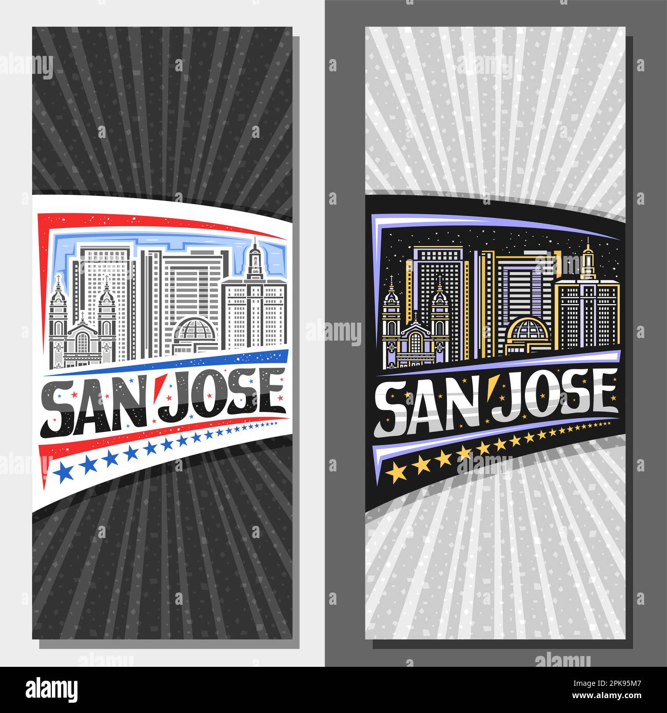 Layout vettoriali per San Jose, voucher verticale con illustrazione della line art del famoso paesaggio urbano californiano città di giorno e crepuscolo cielo sfondo, touris Illustrazione Vettoriale