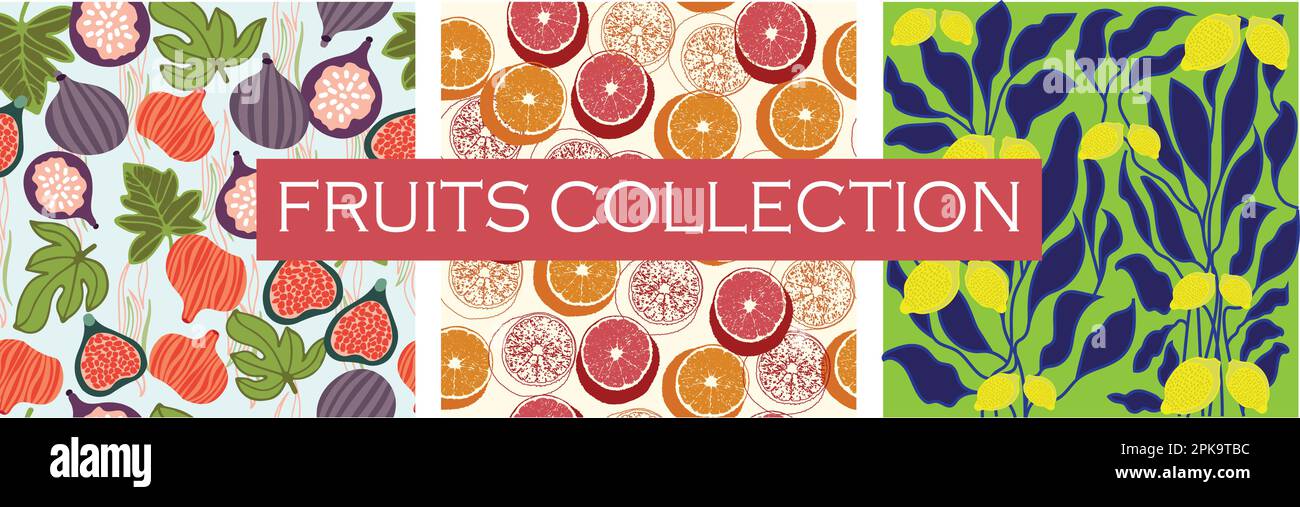 Raccolta di frutta e verdura senza cuciture modello ripetizione. Vettori di Fig, arancione e limone. Stampa trendy Citrus Illustrazione Vettoriale