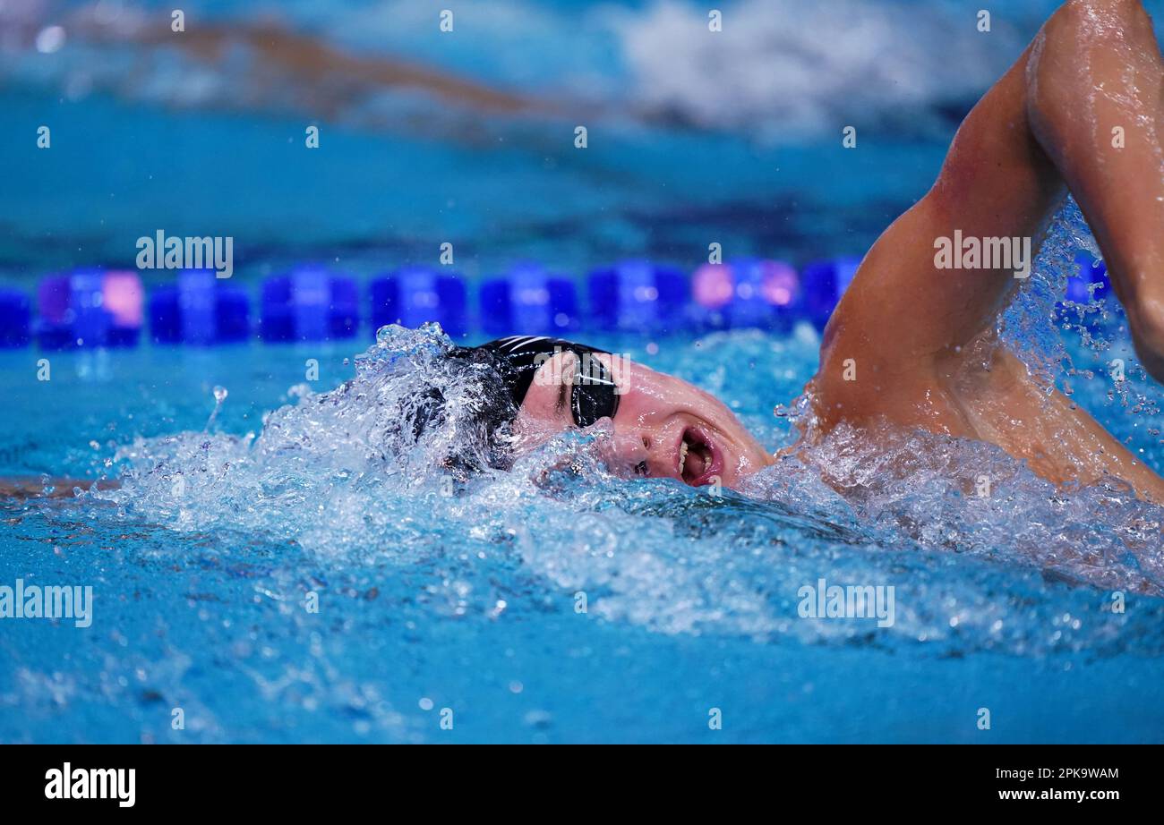 REECE Grady of Stockport Metro Swimming Club durante il calore n° 2 del Freestyle maschile 1500m il terzo giorno del Campionato britannico di nuoto 2023, Ponds Forge, Sheffield. Data immagine: Giovedì 6 aprile 2023. Foto Stock