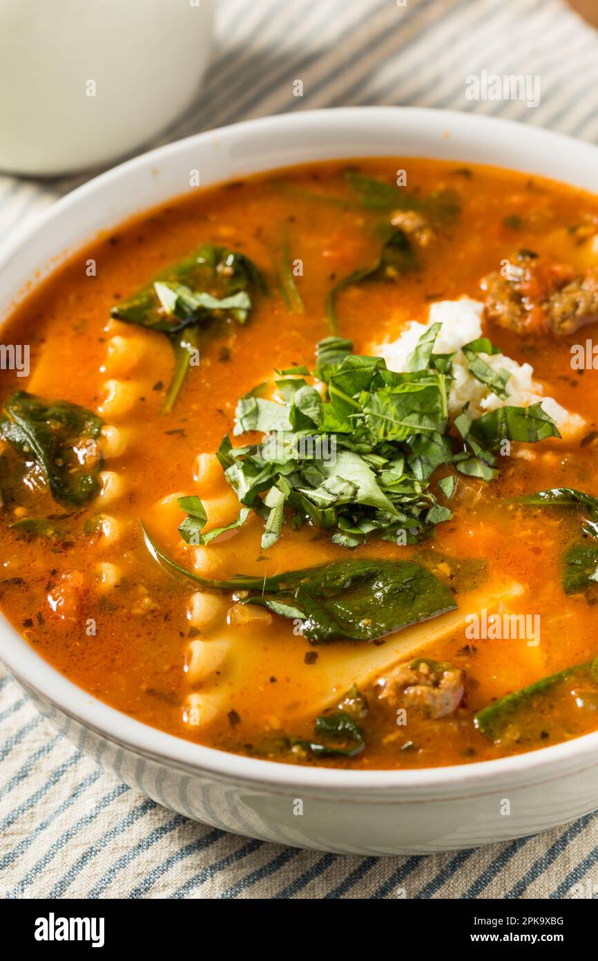 Zuppa di lasagne fatta in casa con basilico e formaggio Foto Stock