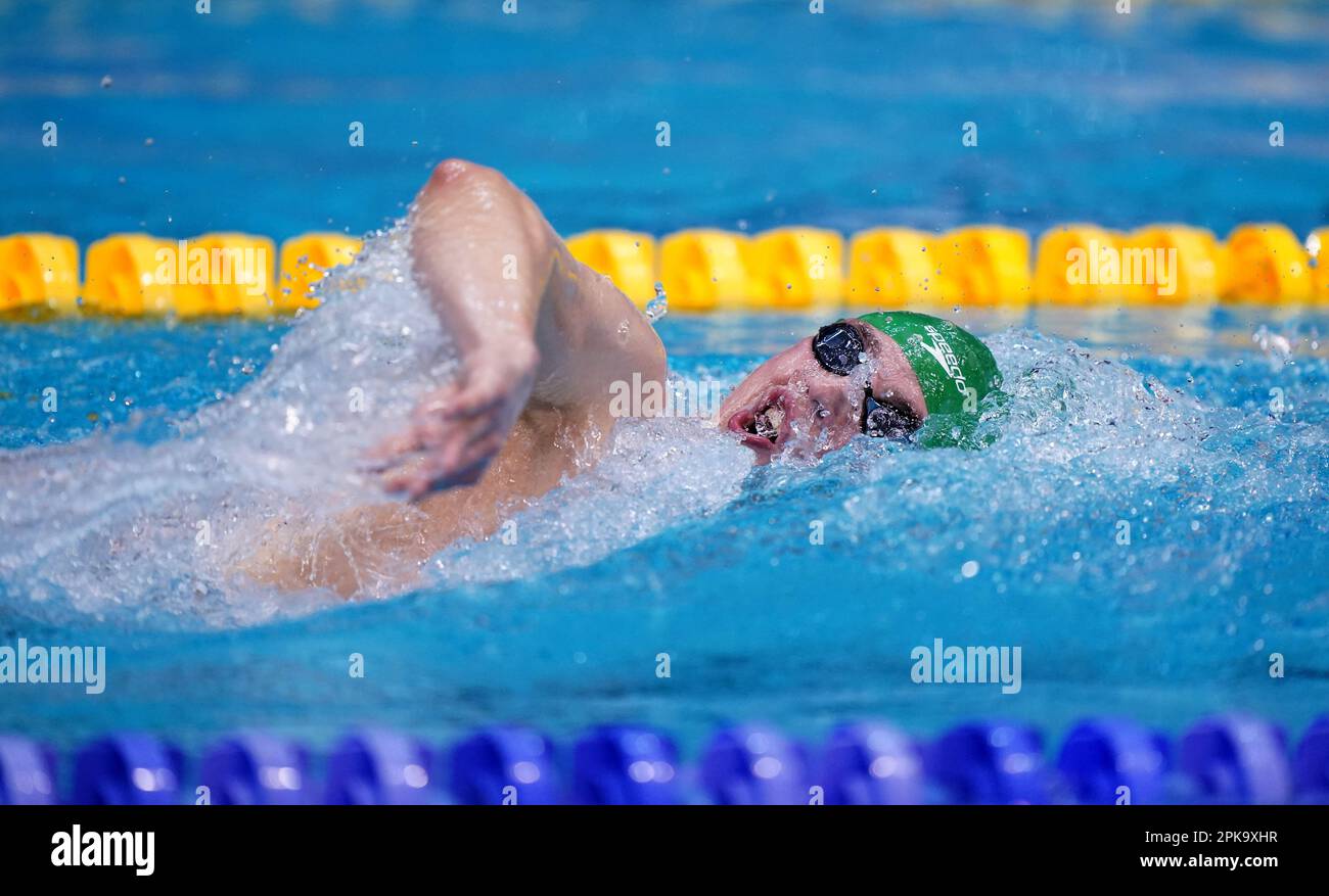 Nathan Hughes dell'Università di Swansea durante il calore n° 2 del Freestyle 1500m degli uomini il terzo giorno dei campionati britannici di nuoto 2023, Ponds Forge, Sheffield. Data immagine: Giovedì 6 aprile 2023. Foto Stock