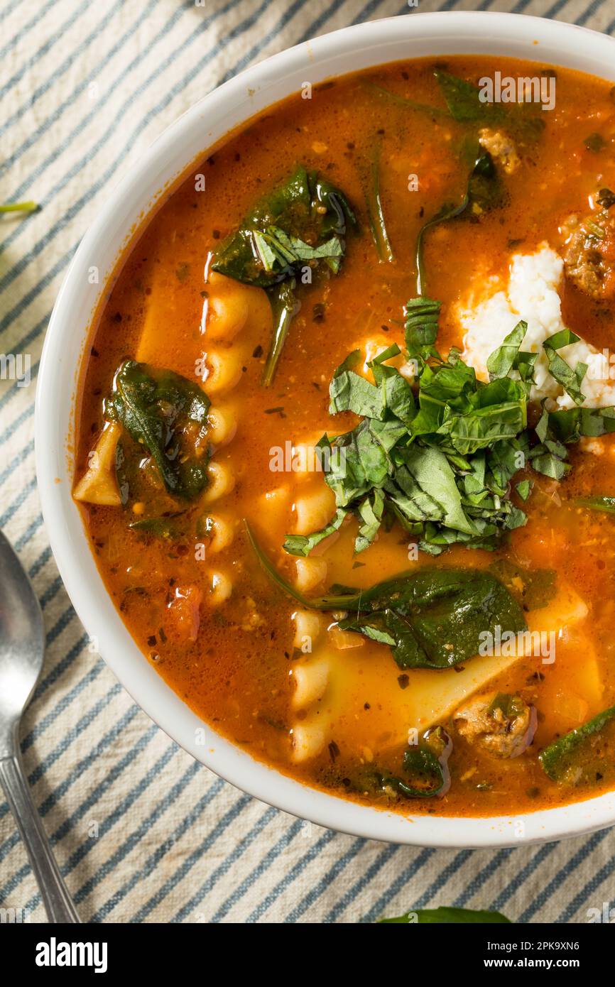 Zuppa di lasagne fatta in casa con basilico e formaggio Foto Stock