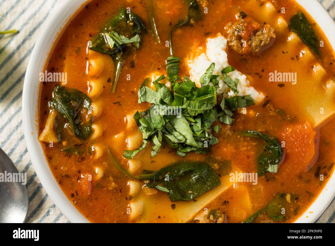 Zuppa di lasagne fatta in casa con basilico e formaggio Foto Stock