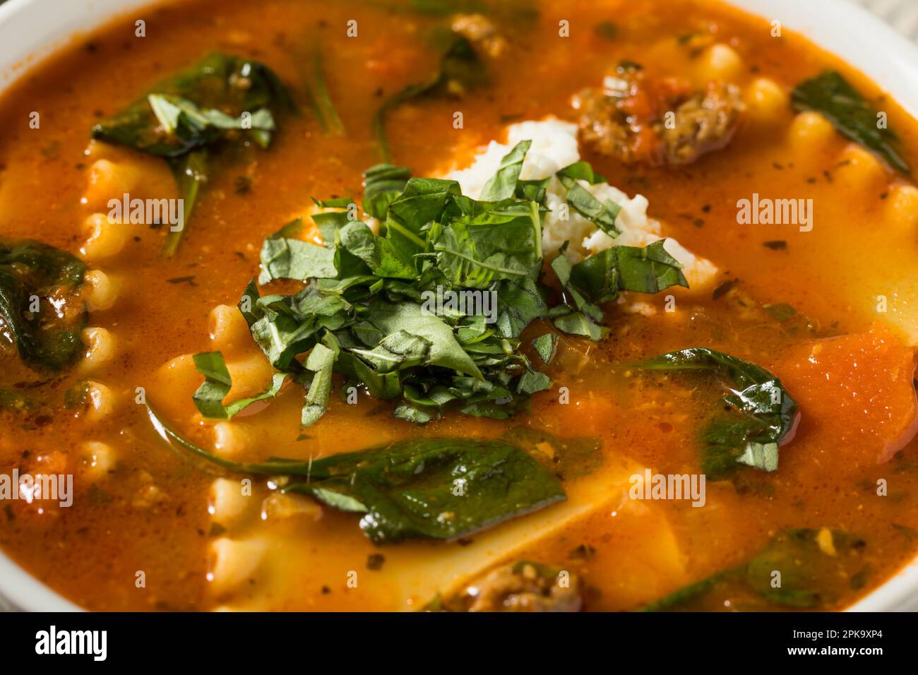 Zuppa di lasagne fatta in casa con basilico e formaggio Foto Stock