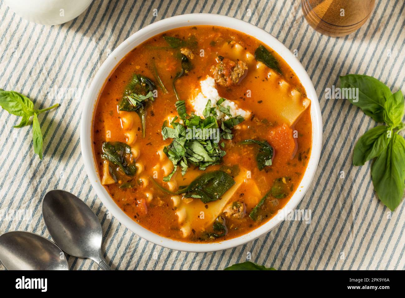 Zuppa di lasagne fatta in casa con basilico e formaggio Foto Stock