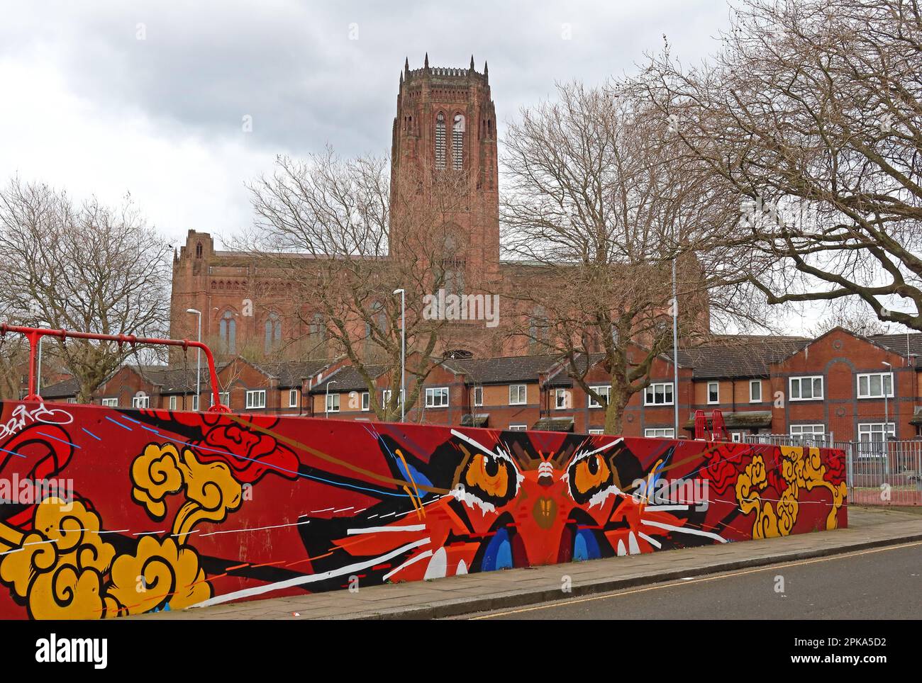 Vista della cattedrale anglicana da Chinatown, 29, Great George Street, area giochi, Liverpool, Merseyside, Inghilterra, REGNO UNITO, L1 5DZ Foto Stock