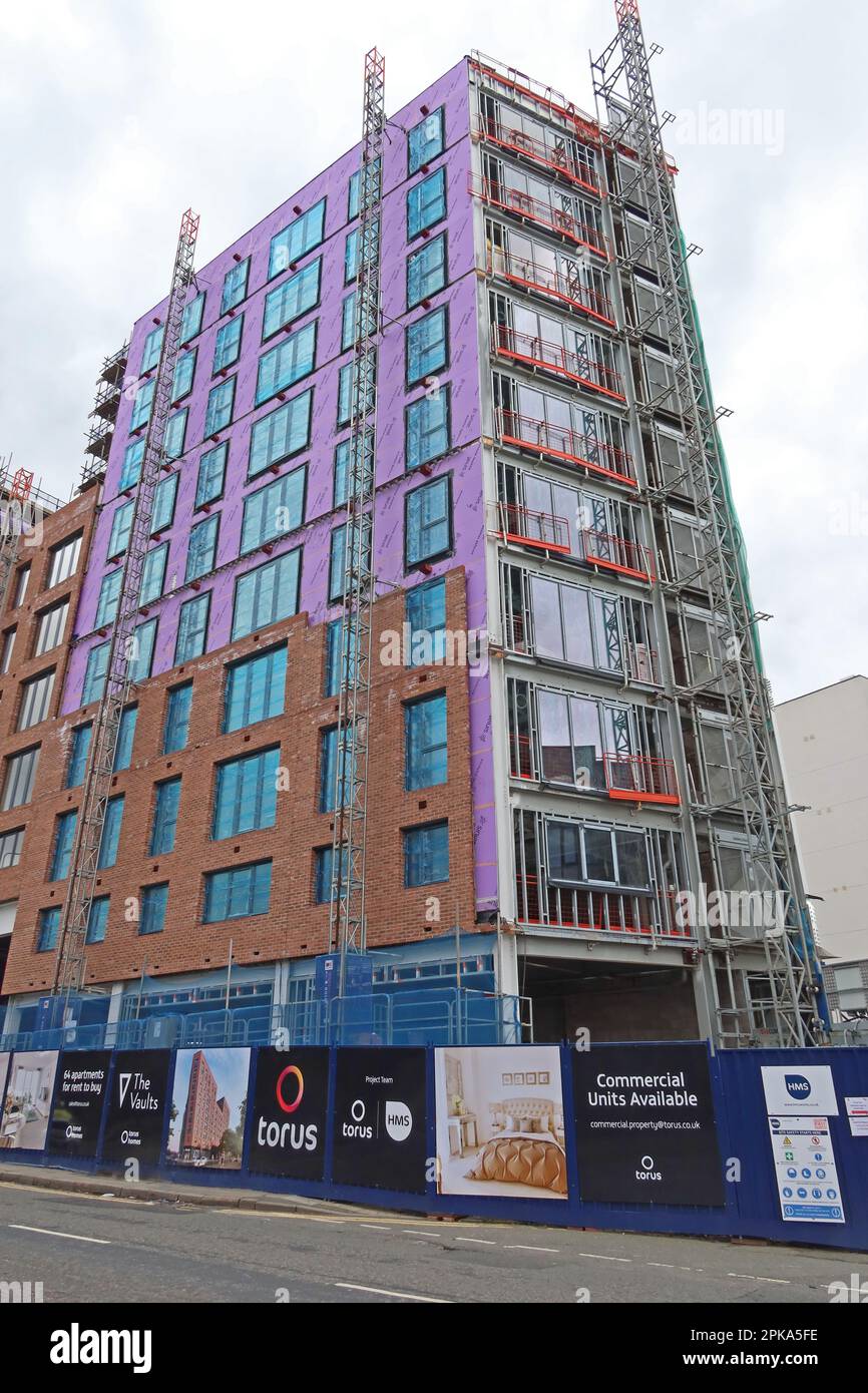 Lo sviluppo di Vaults, costruito dai contraenti di HMS, per il gruppo di alloggi sociali di Torus, nel triangolo Baltico, Liverpool, Merseyside, Inghilterra, Regno Unito, L1 7AG Foto Stock