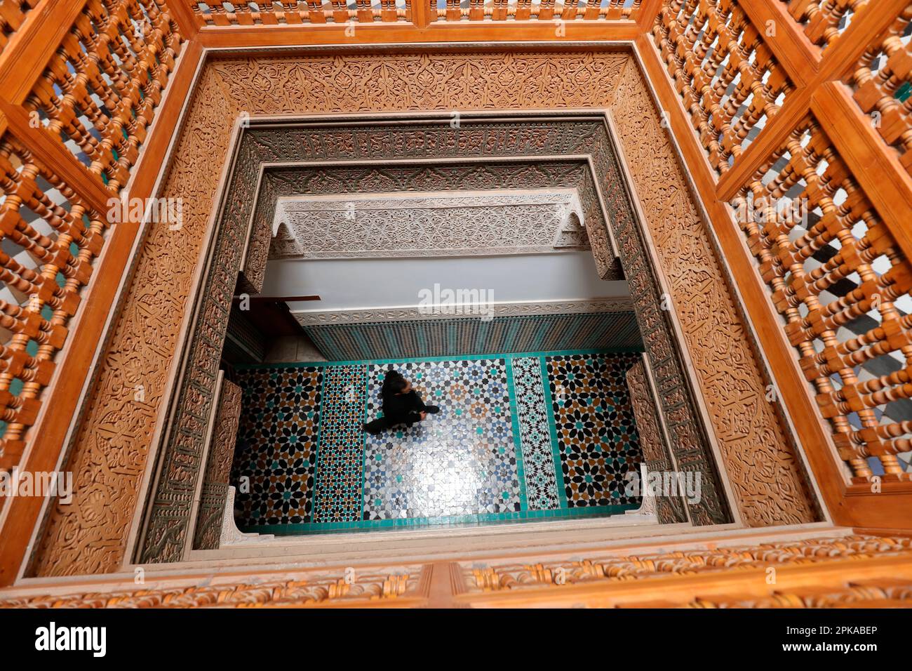 Marocco, Marrakech, Madersa ben Youssef madrasa, architettura raffinata Foto Stock