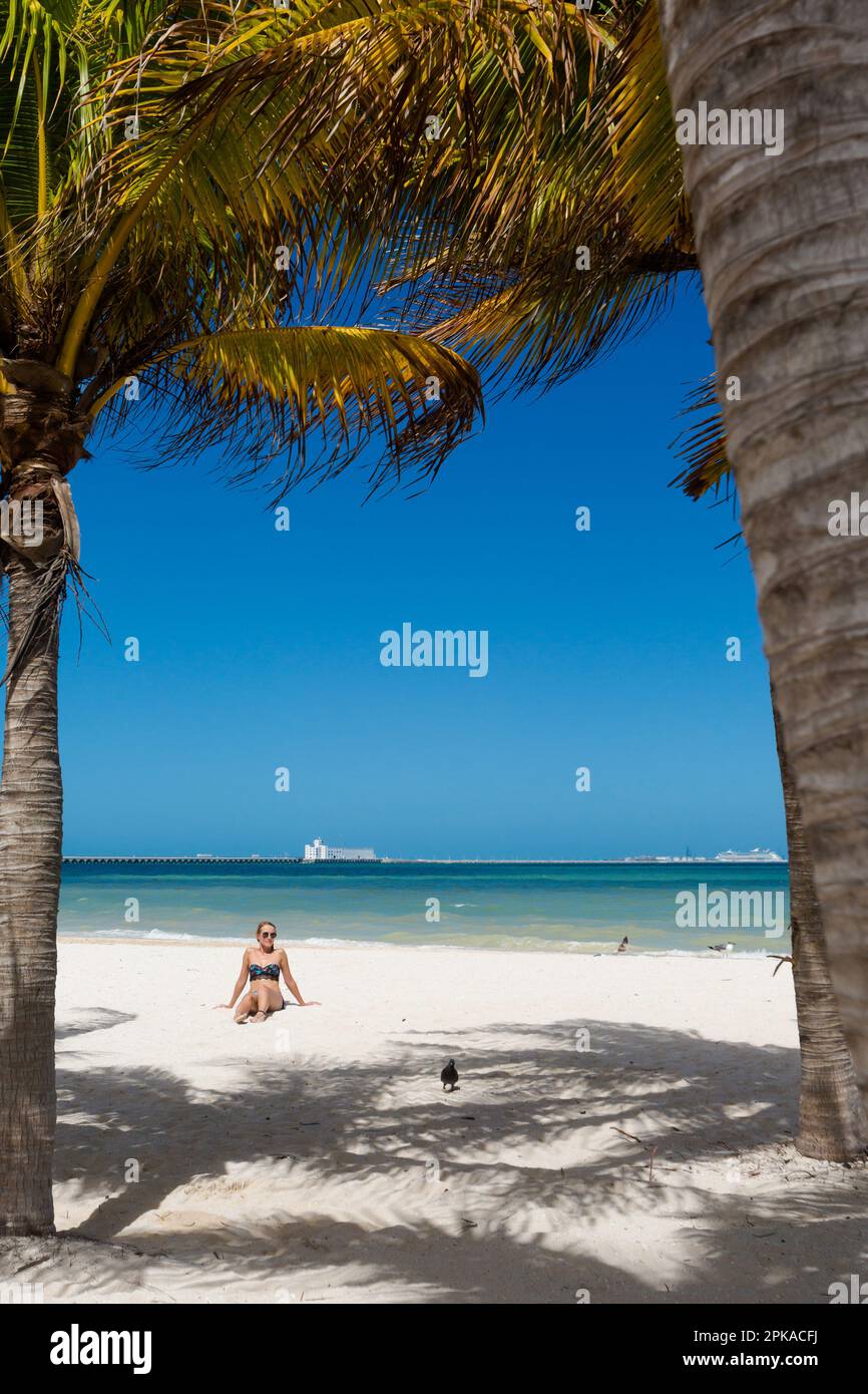 Bella giovane donna in posa su una spiaggia Progero Messico durante il giorno di sole. Spiaggia bianca con palme e cielo blu. Foto Stock