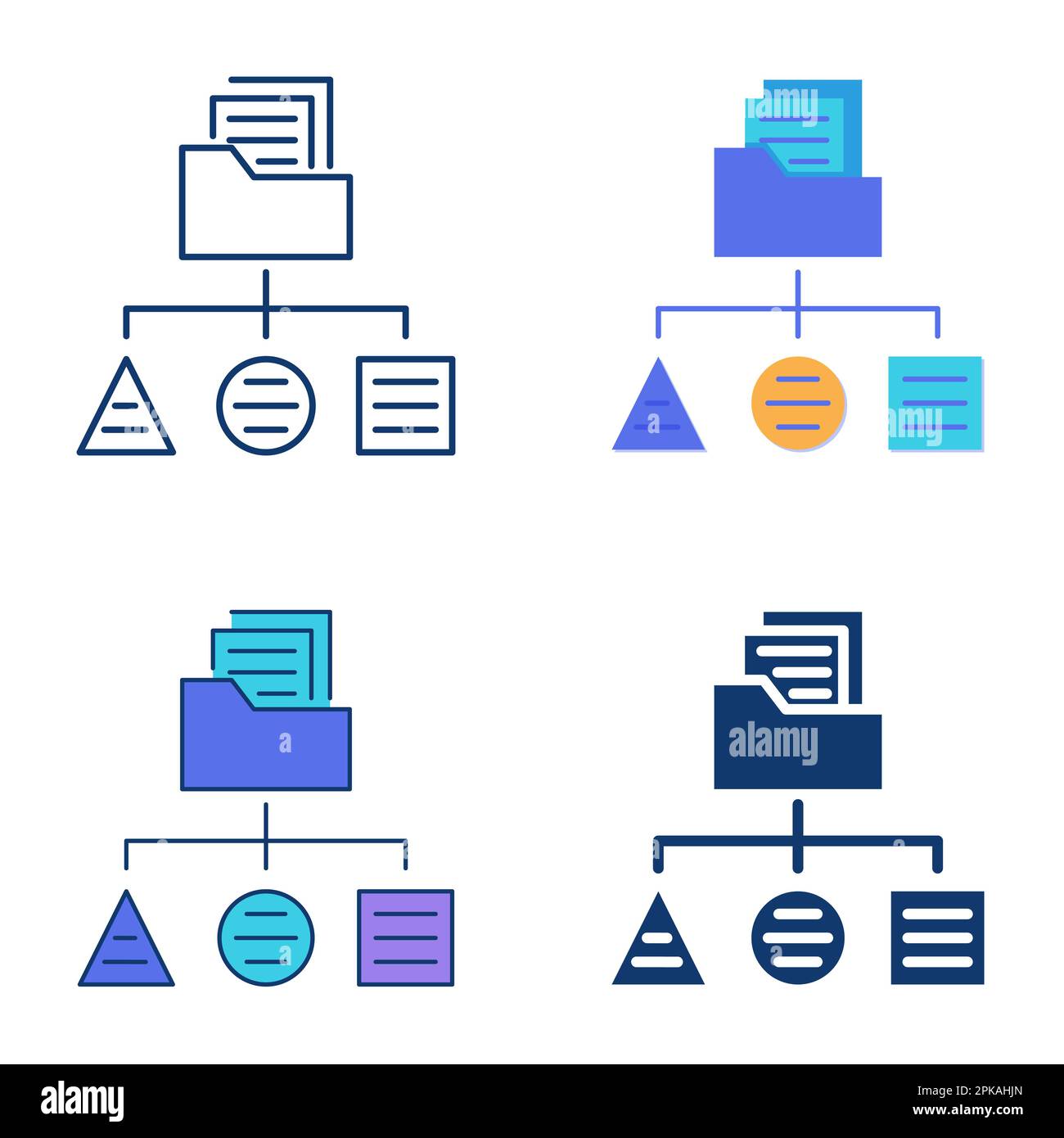 Icona di classificazione dei dati impostata in stile piatto e linea. Schema o algoritmo di disposizione delle informazioni. Illustrazione vettoriale. Illustrazione Vettoriale
