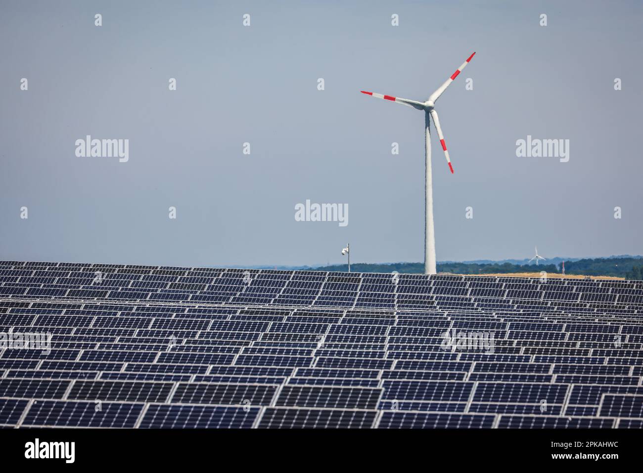 17.06.2022, Germania, Renania settentrionale-Vestfalia, Dortmund - Parco solare e turbina eolica sul cumulo di scorie di Deusenberg. L'impianto all'aperto si trova su un fo Foto Stock