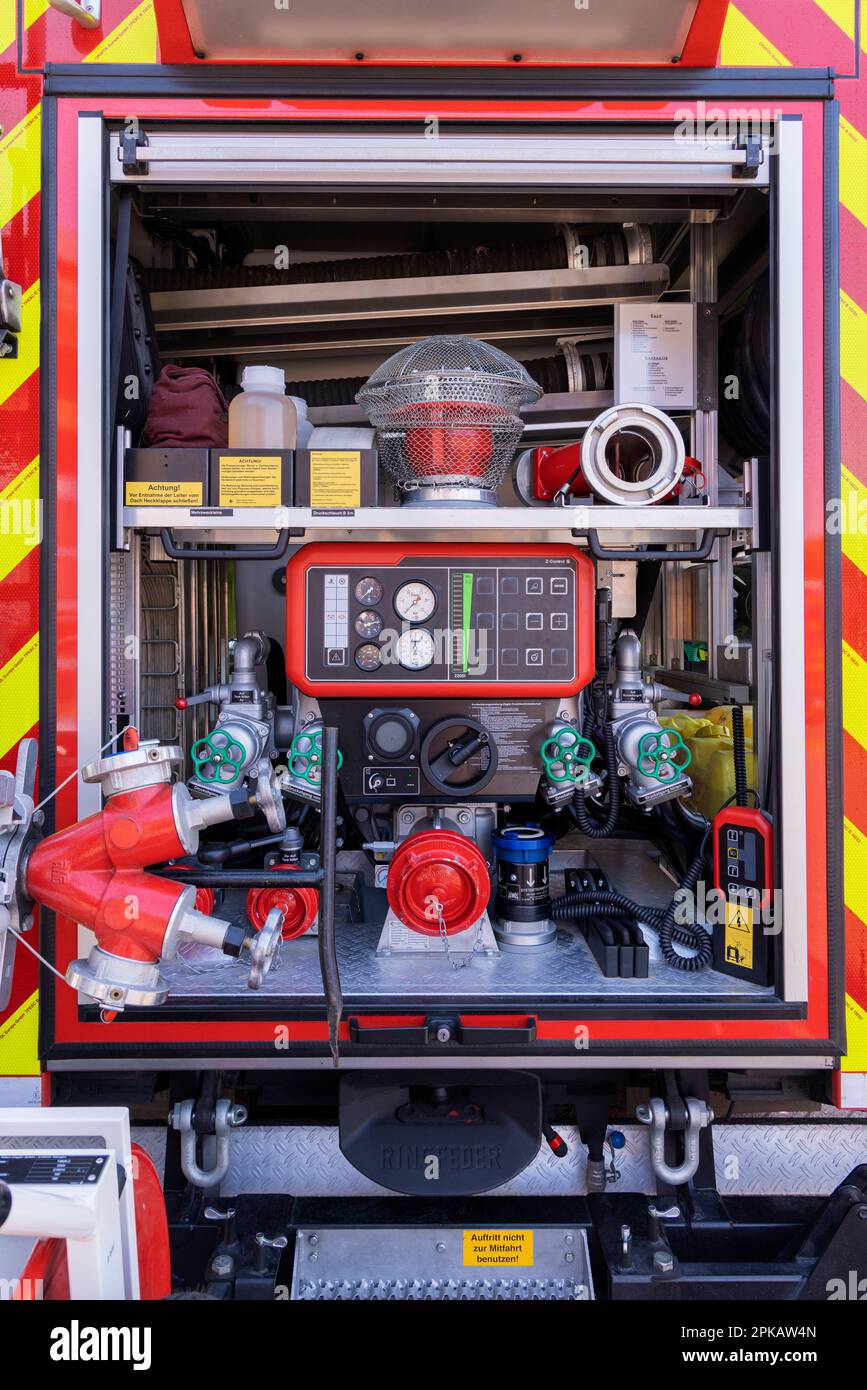 Vigili del fuoco, attrezzatura, dettaglio, giorno aperto presso il reparto antincendio volontario Schortens, contea di Friesland, bassa Sassonia, Germania Foto Stock