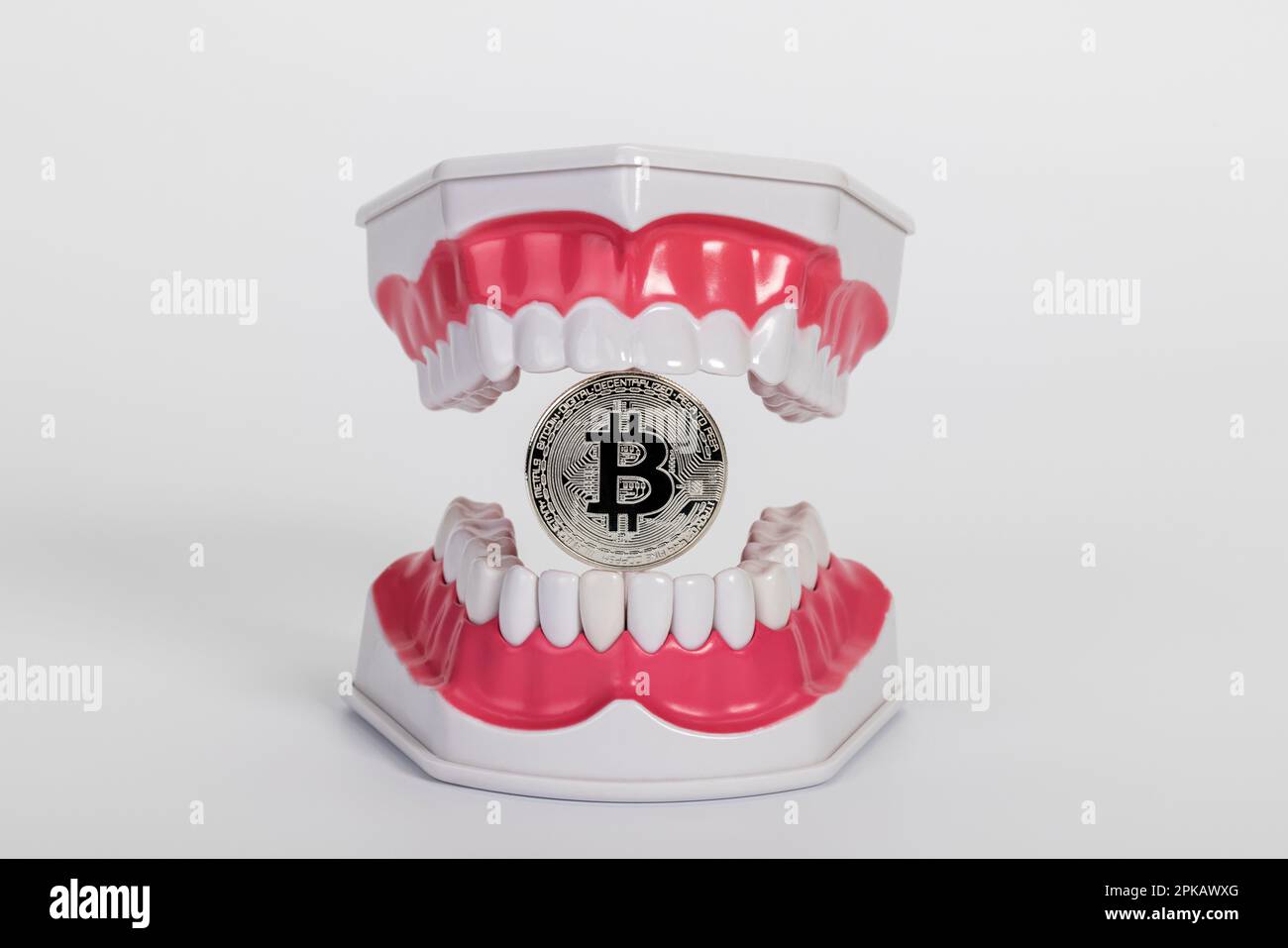 Modello di cura dentale aperto, con una moneta bitcoin, immagine simbolo, metodo di pagamento, moneta digitale, criptovaluta, sfondo bianco, Foto Stock