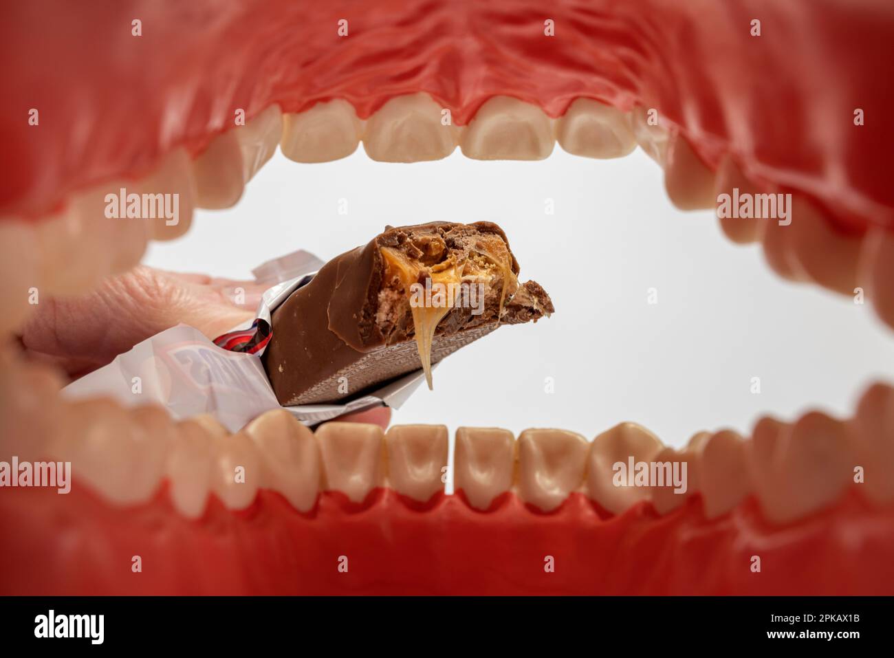 Modello di cura dentale aperto, cavità orale, mano dell'uomo che tiene la barra della caramella del morso, particolare, immagine del simbolo, le cose dolci di snacking, cura dentale adeguata, carie dentali, fondo bianco, Foto Stock