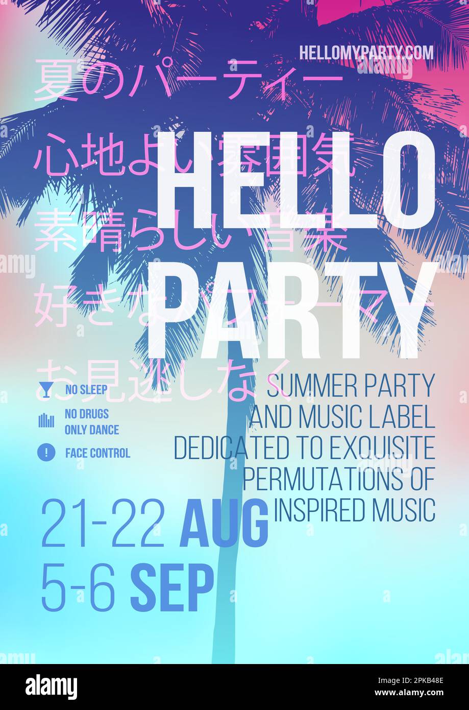 Hello Party Poster per l'estate e la spiaggia sfondo. Modello di invito Palm Trees Flyer design. Festa al tramonto tropicale Illustrazione Vettoriale