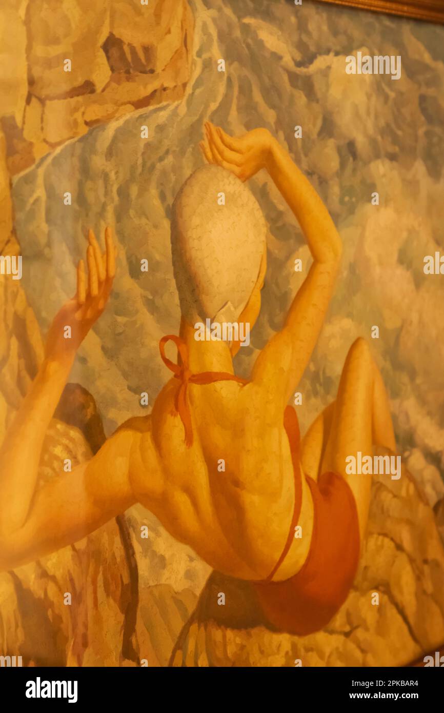 Inghilterra, Dorset, Bournemouth, Russell Cotes Art Gallery and Museum, Pittura di Donna in costume da bagno intitolato 'Spray' di Harold Williamson datato 1940 Foto Stock