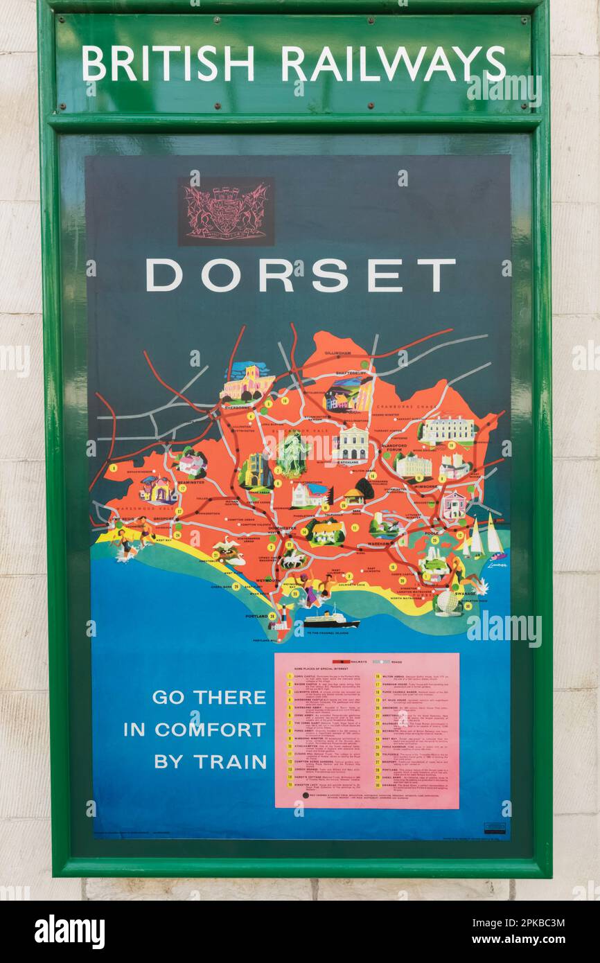 Inghilterra, Dorset, Isola di Purbeck, Swanage, Stazione ferroviaria di Swanage, Vintage Railway Travel Poster promozione viaggio in treno per Dorset Foto Stock