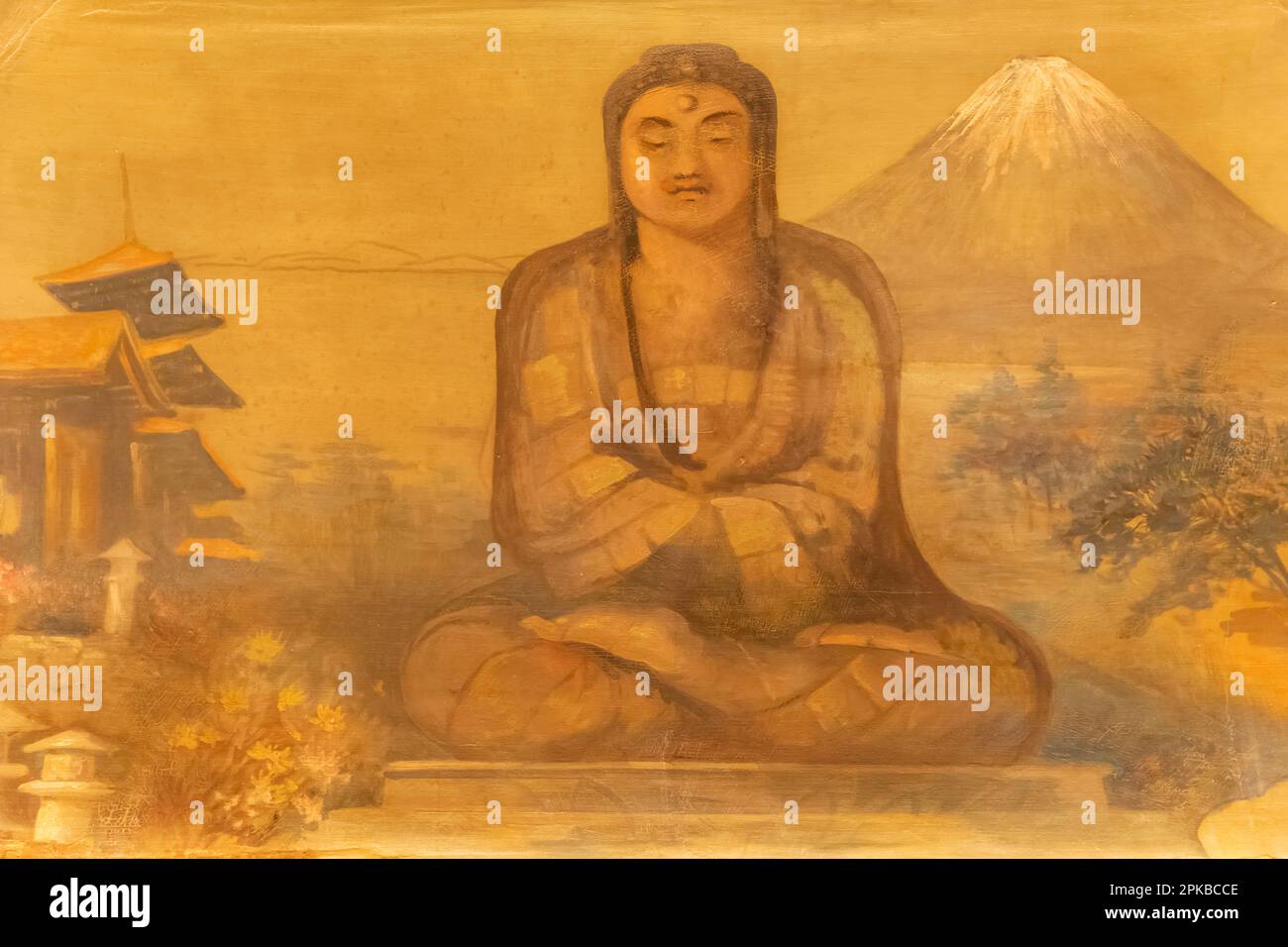 Inghilterra, Dorset, Bournemouth, Russell Cotes Art Gallery and Museum, Mikado Room, Wall Painting of Buddha statue e Mt.Fuji Foto Stock