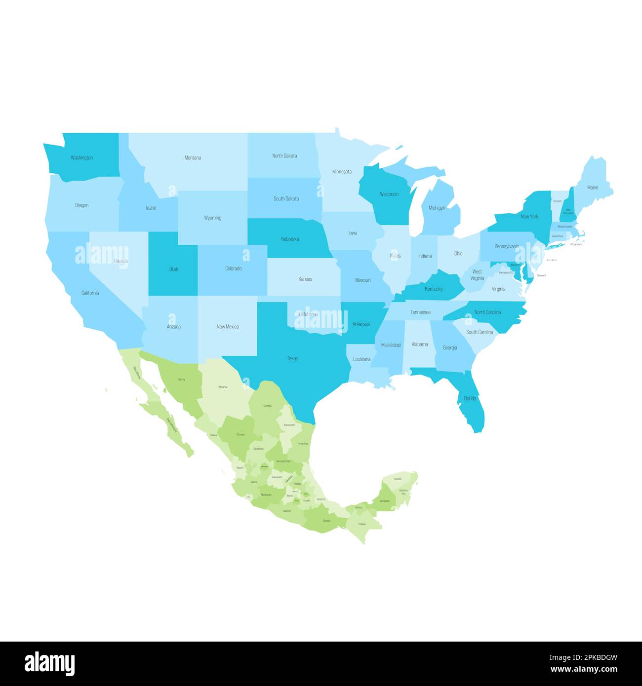 Mappa politica degli Stati Uniti e del Messico delle divisioni amministrative. Mappa vettoriale colorata con etichette. Illustrazione Vettoriale