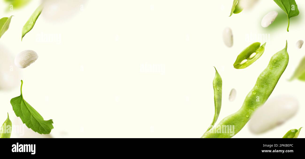 Cialde piatte di fagiolini crudi di elda romano e foglie verdi galleggiano nell'aria su sfondo chiaro. Dieta di vitamine di estate, concetto sano di nutrizione. Foto Stock