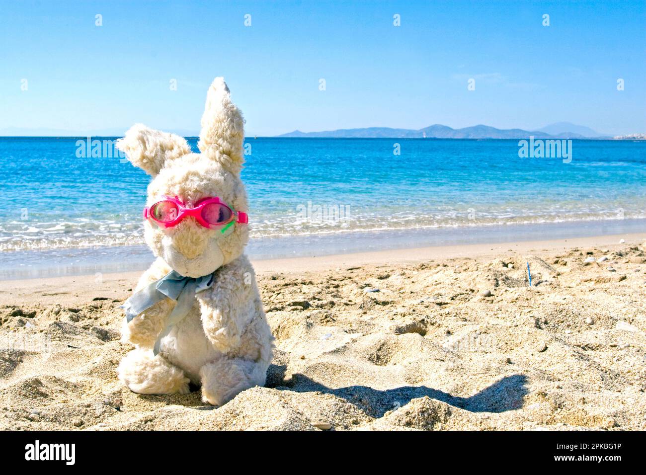 Coniglio di Pasqua giocattolo siede sulla spiaggia in occhiali con sulla sabbia Foto Stock