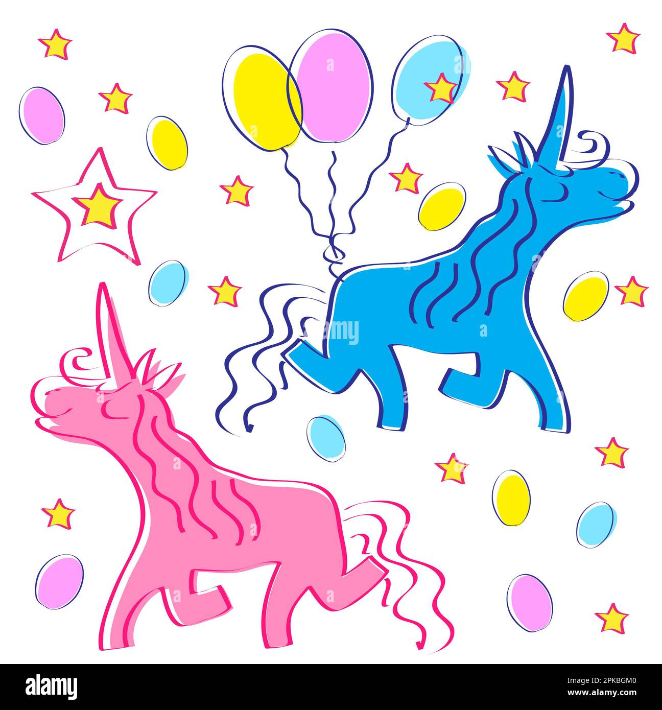 unicorni blu e rosa sullo sfondo di palline e stelle, vettore Foto Stock