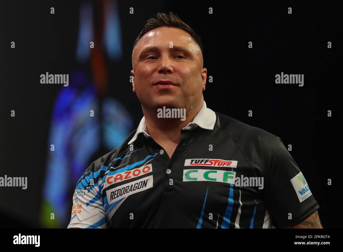 Gerwyn Price reagisce durante la Cazoo PDC Premier League Darts Night 10 del 2023 all'Utilita Arena Birmingham, Birmingham, Regno Unito. 6th Apr, 2023. (Foto di Gareth Evans/News Images) a Birmingham, Regno Unito, il 4/6/2023. (Foto di Gareth Evans/News Images/Sipa USA) Credit: Sipa USA/Alamy Live News Foto Stock