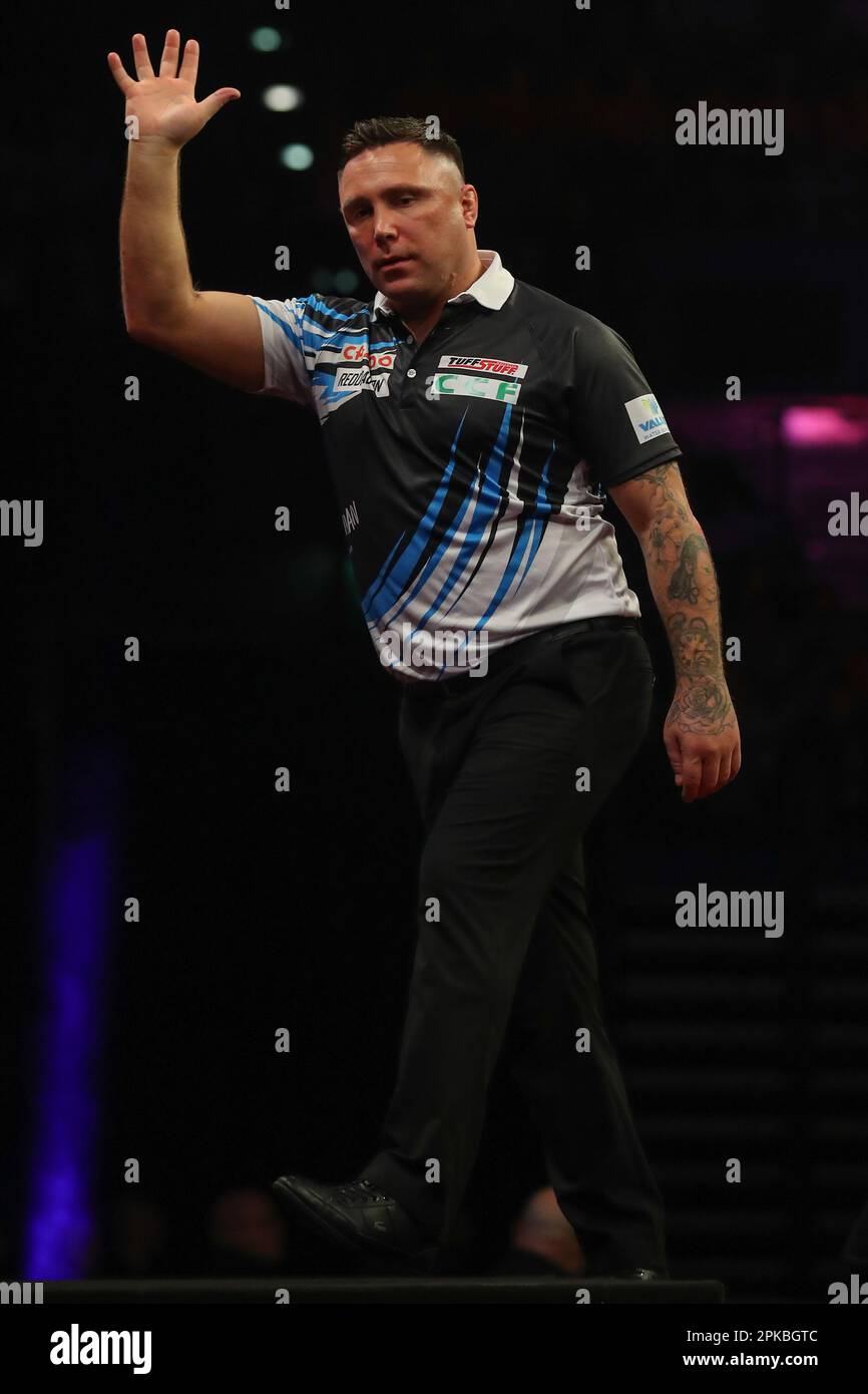 Gerwyn Price reagisce durante la Cazoo PDC Premier League Darts Night 10 del 2023 all'Utilita Arena Birmingham, Birmingham, Regno Unito. 6th Apr, 2023. (Foto di Gareth Evans/News Images) a Birmingham, Regno Unito, il 4/6/2023. (Foto di Gareth Evans/News Images/Sipa USA) Credit: Sipa USA/Alamy Live News Foto Stock