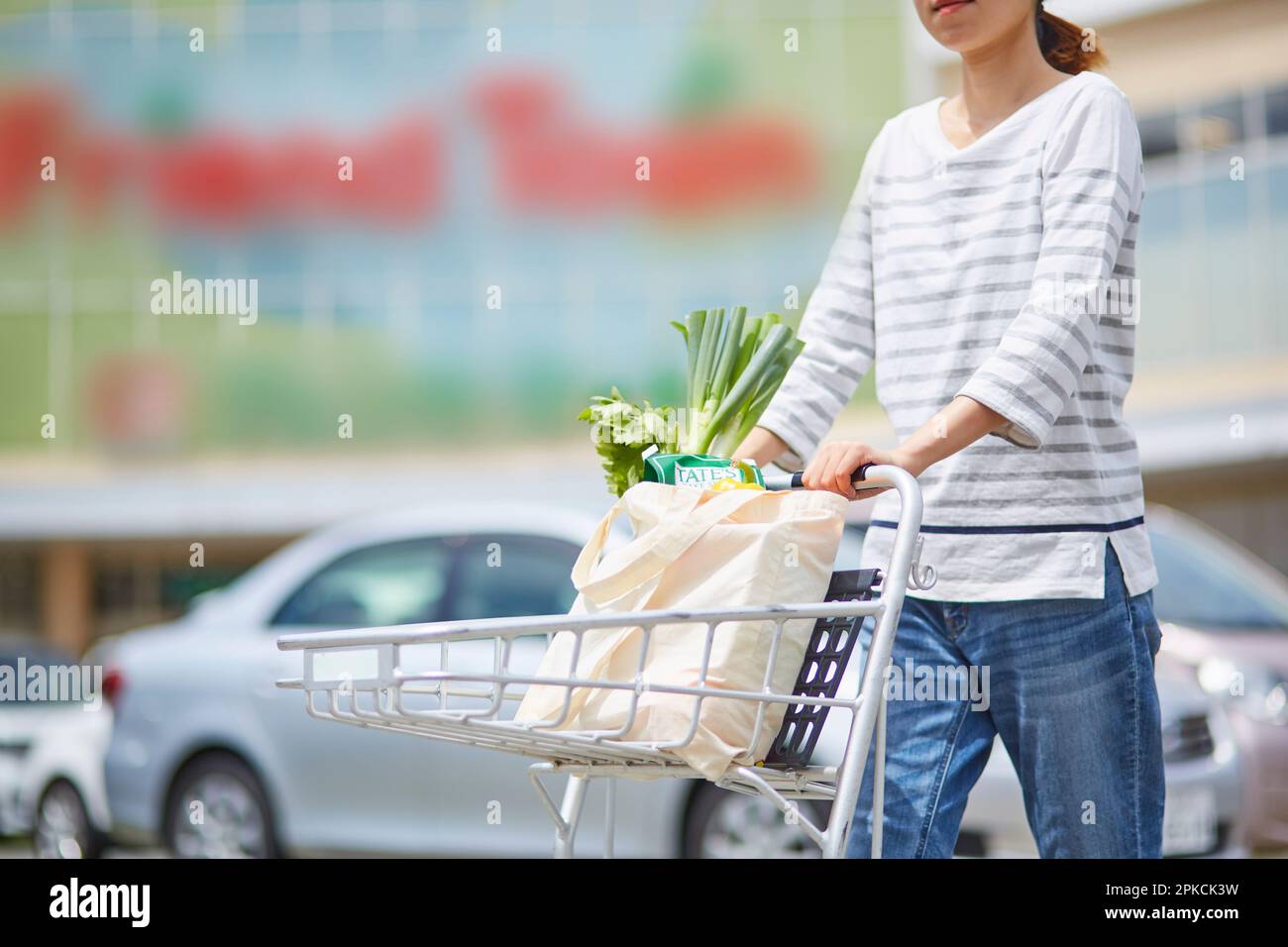 Donna che trasporta il cibo in una eco-borsa su un carrello Foto Stock