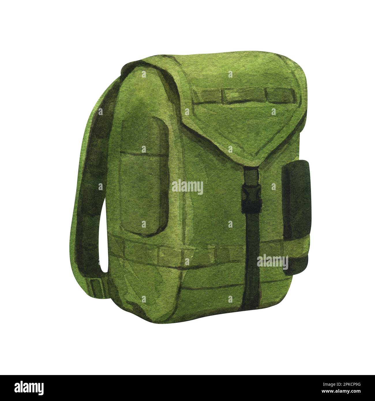 Zaino verde acquerello campeggio turistico in viaggio all'aperto. Illustrazione disegnata a mano isolata su sfondo bianco. Perfetto per viaggi, viaggi, escursioni Foto Stock