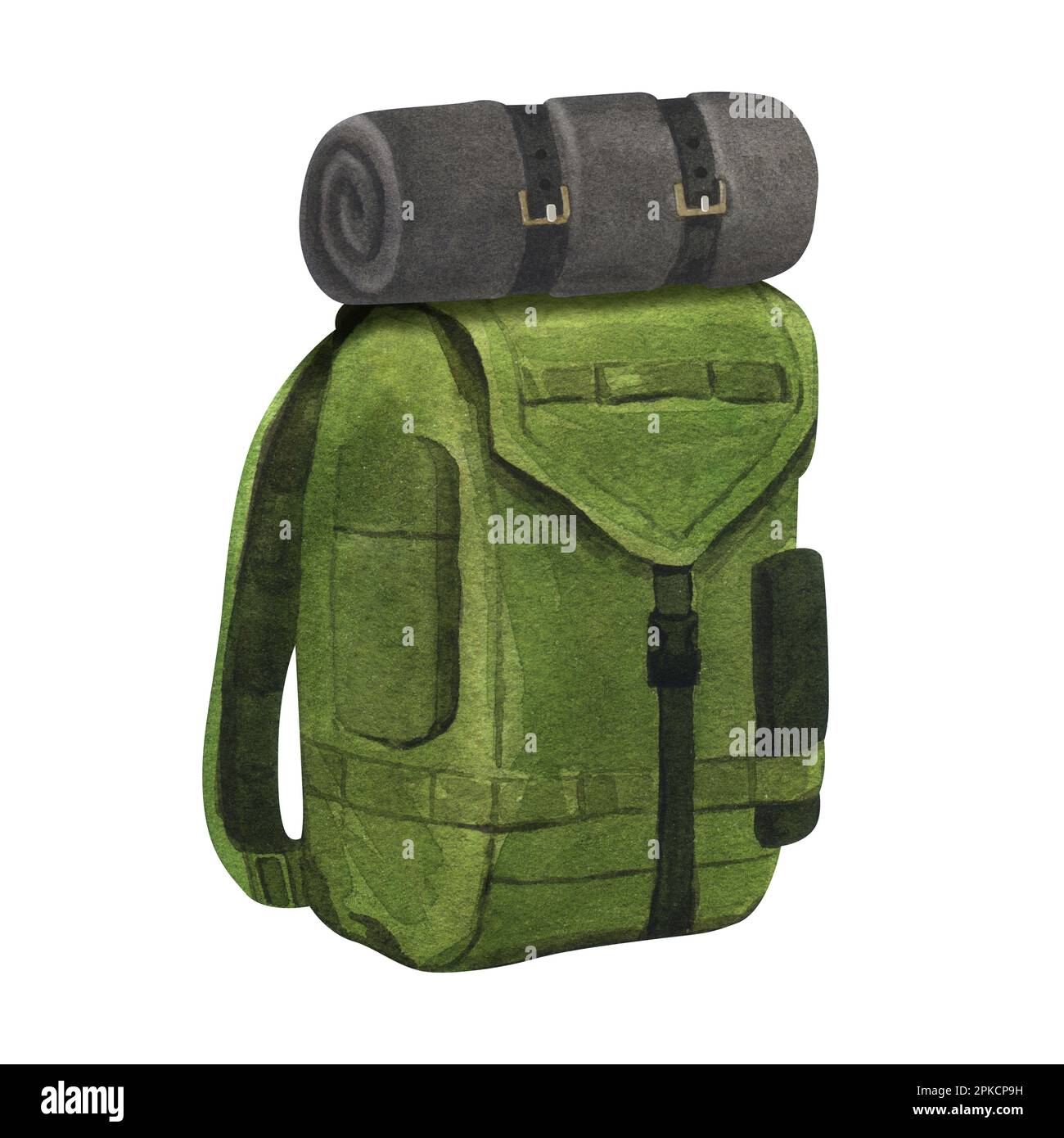 Zaino da viaggio watercolor verde campeggio con tappetino turistico in viaggio all'aperto. Illustrazione disegnata a mano isolata su sfondo bianco. Perfetto per Foto Stock