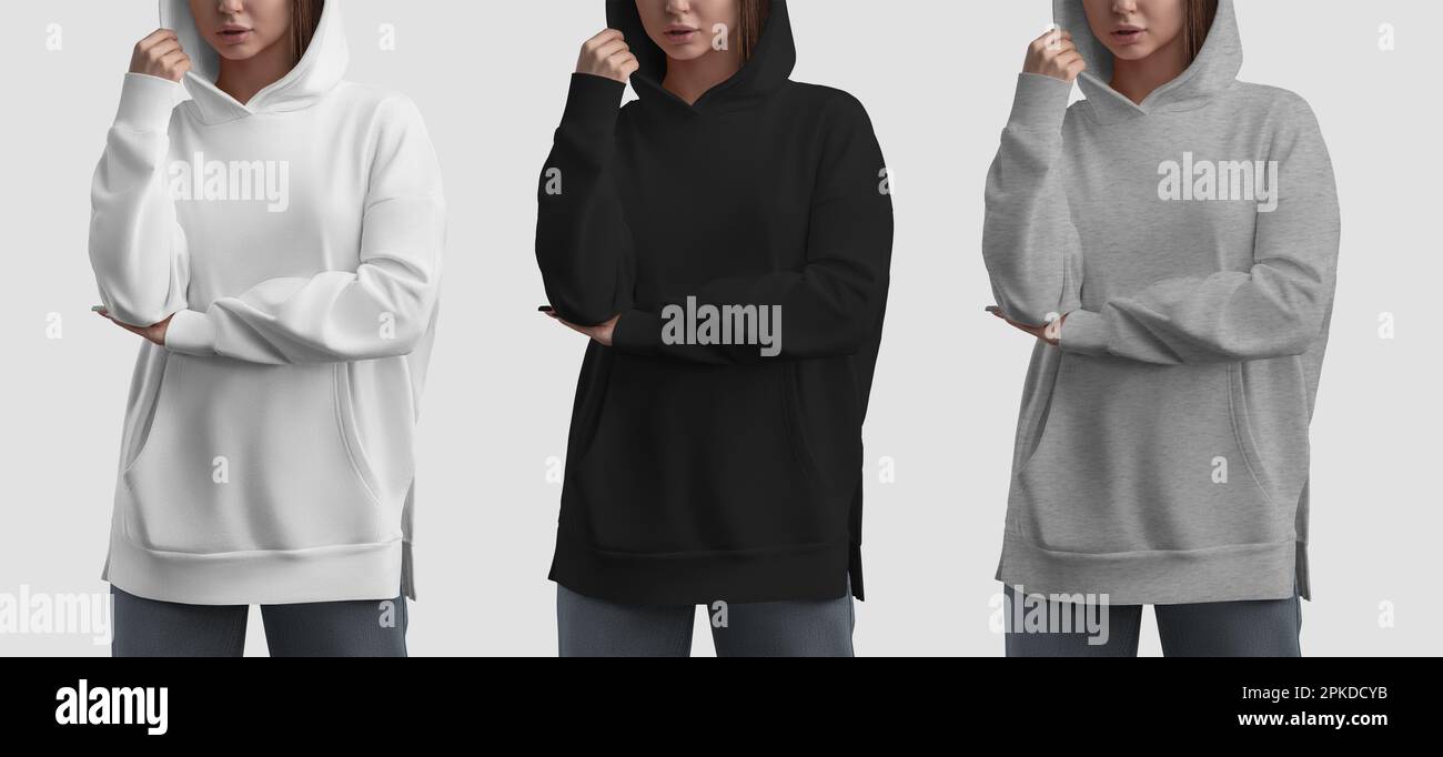 Mockup di una felpa con cappuccio lunga bianca, nera, per una ragazza, set  di camicie, vista posteriore, per il design, il commercio, branding.  Modello di abbigliamento da donna Foto stock - Alamy