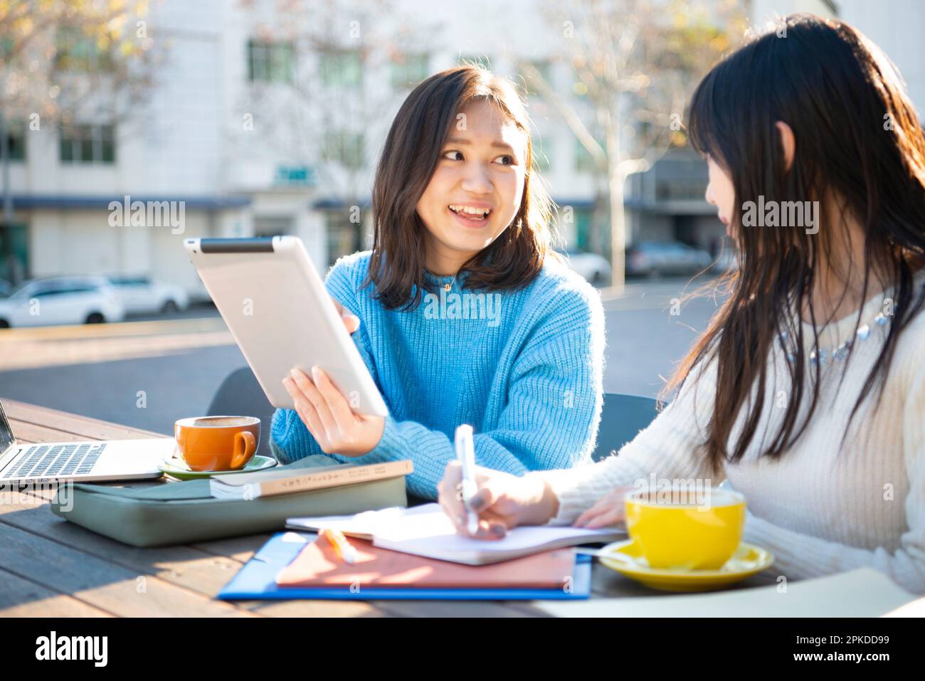 Due persone che studiano mentre guardano un tablet Foto Stock