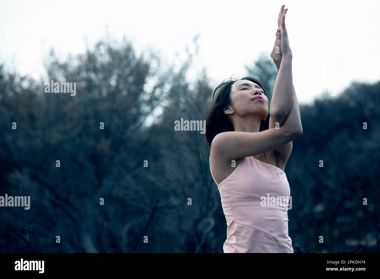 Donna fare yoga nella natura Foto Stock