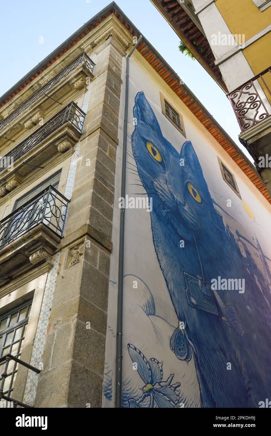 Graffiti di un gatto sulle pareti di una casa a Porto Foto Stock