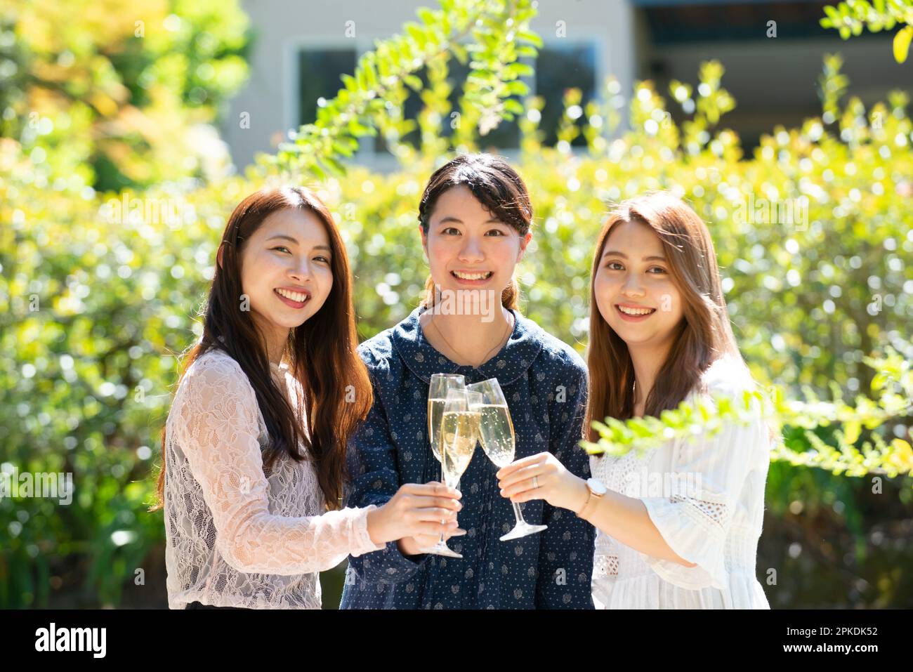 Tre donne sorridenti che brinda a una festa in giardino Foto Stock