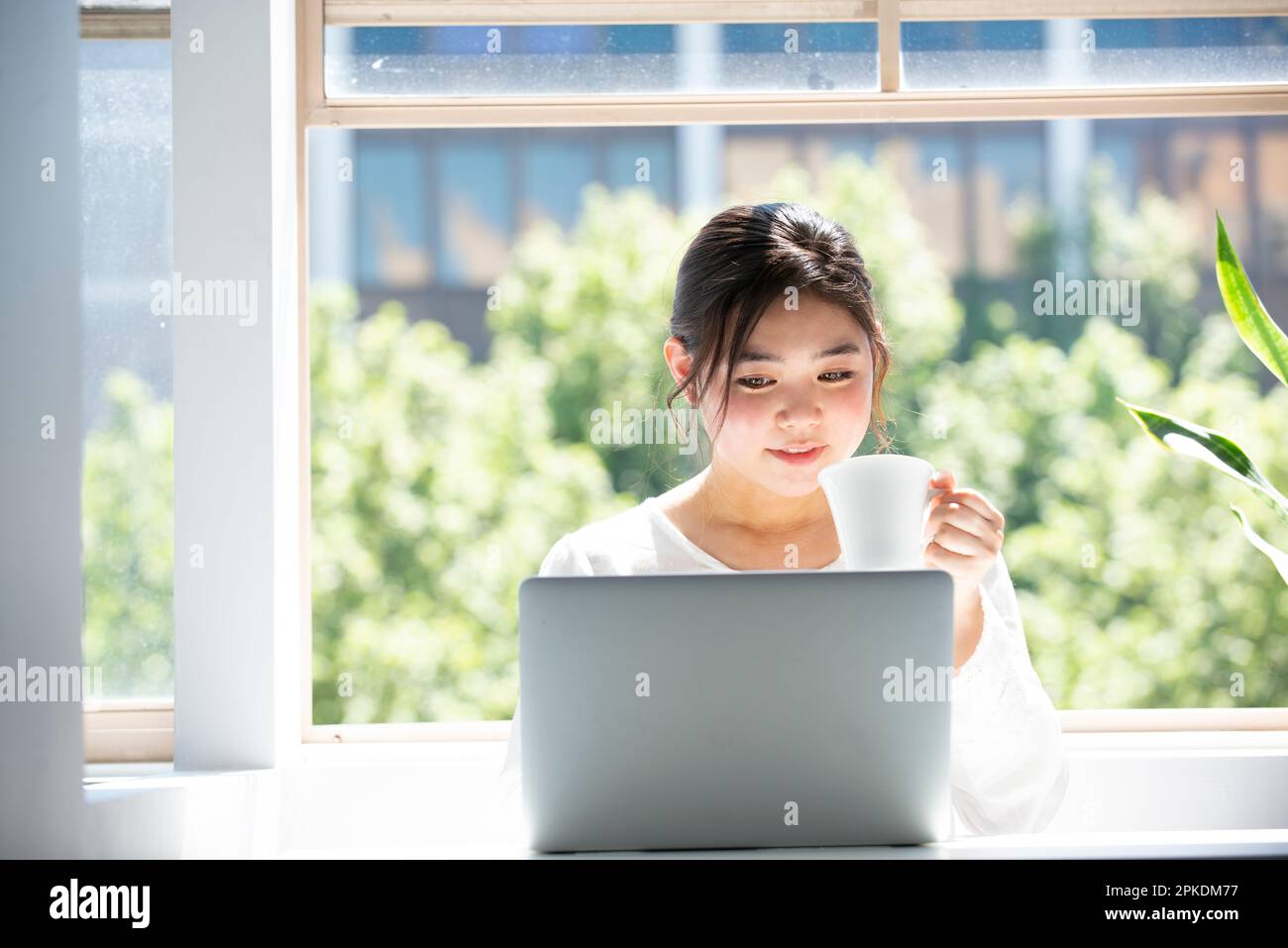 Donna che utilizza un computer con una tazza di tè in mano al davanzale Foto Stock
