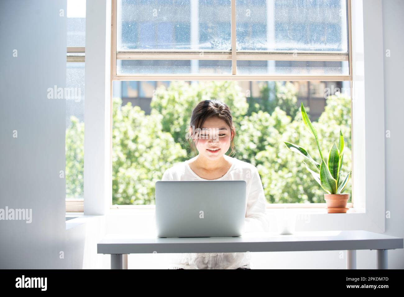Donna che utilizza il computer al windowsill Foto Stock