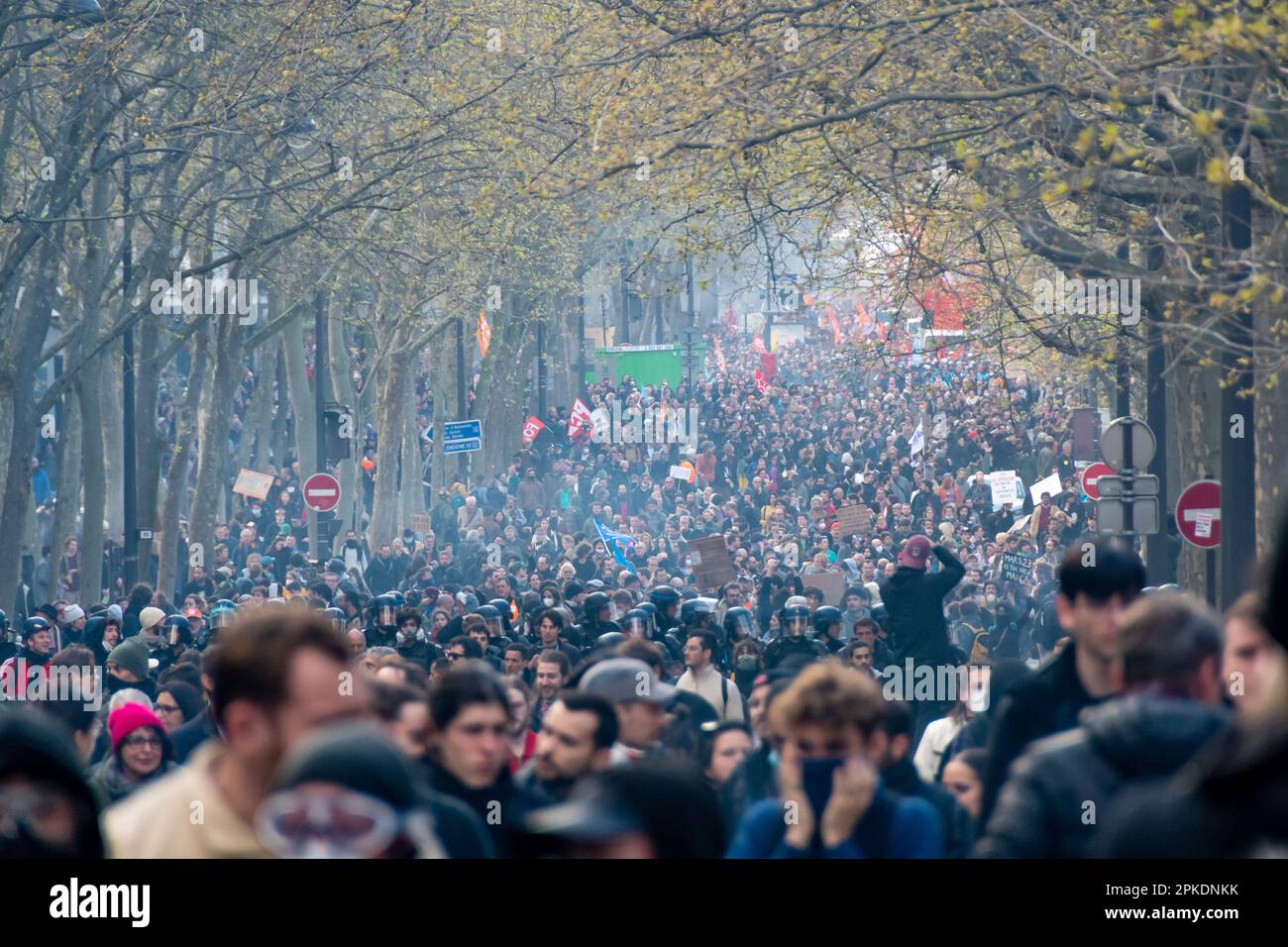 Folla di francesi che marciano in una strada di Parigi, in Francia, durante una manifestazione contro la riforma pensionistica del governo Foto Stock