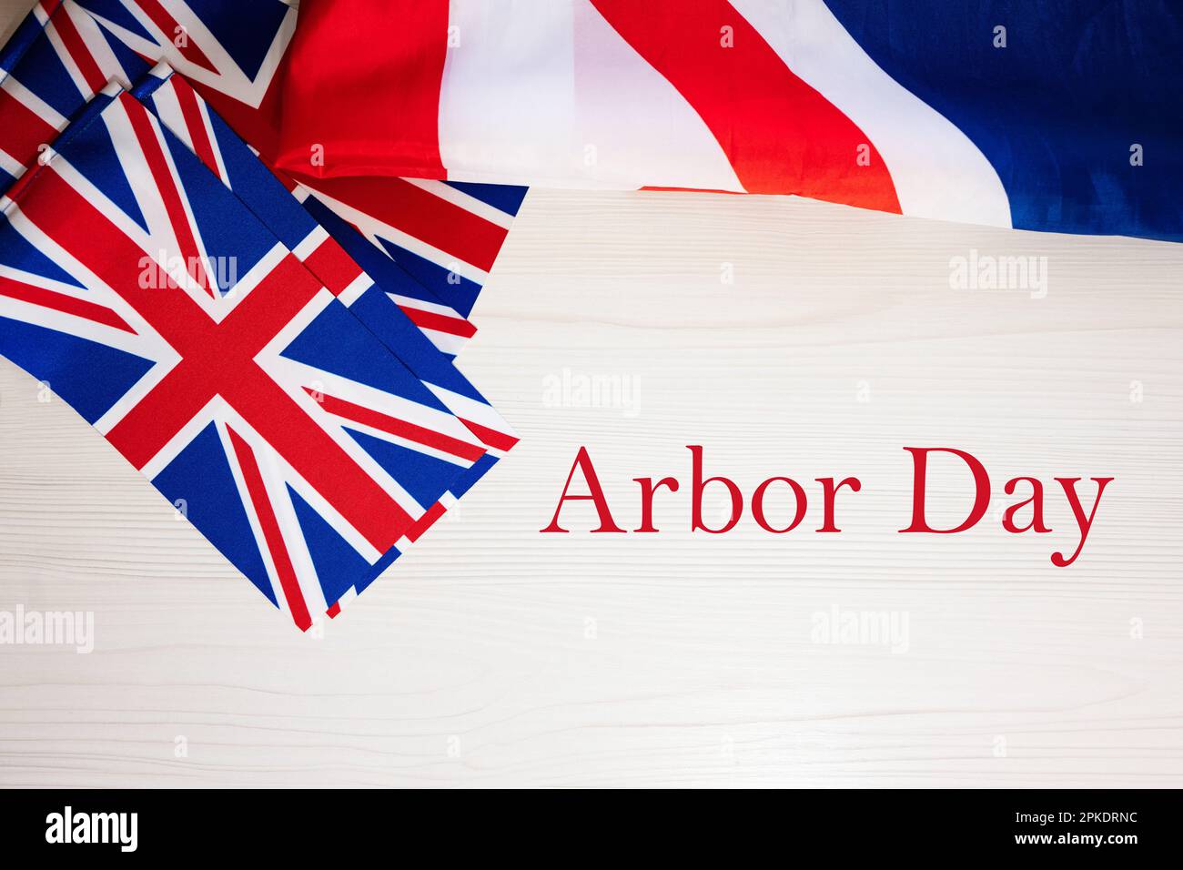 Arbor Day. Concetto di vacanze britanniche. Vacanze in Regno Unito. Bandiera della Gran Bretagna sfondo. Foto Stock