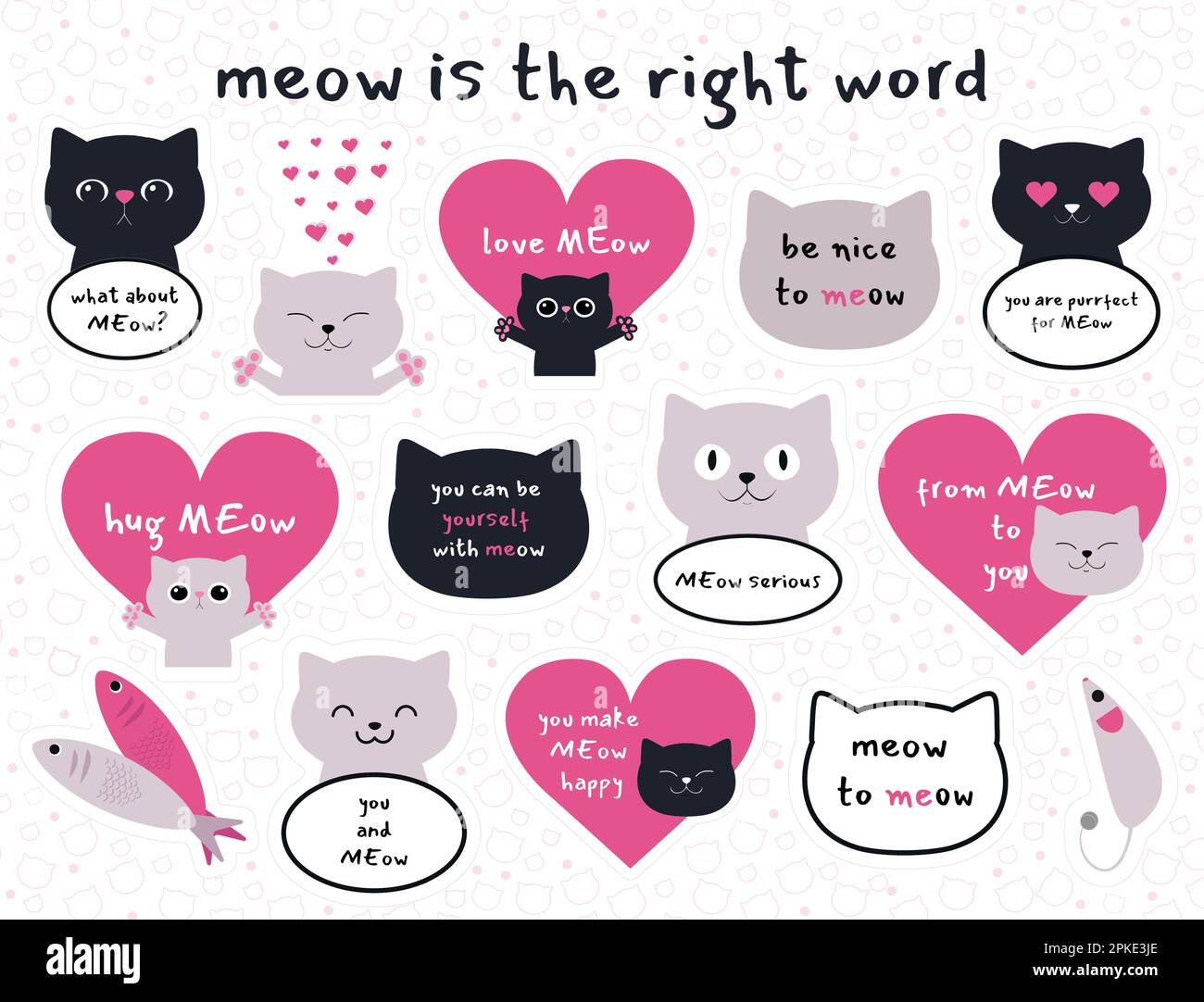 Set di adesivi Meow con diversi gatti che parlano frasi divertenti. Adesivi carini per gatti per il divertimento. Gatti neri e grigi con cuori. Adatto per carte d'amore Illustrazione Vettoriale