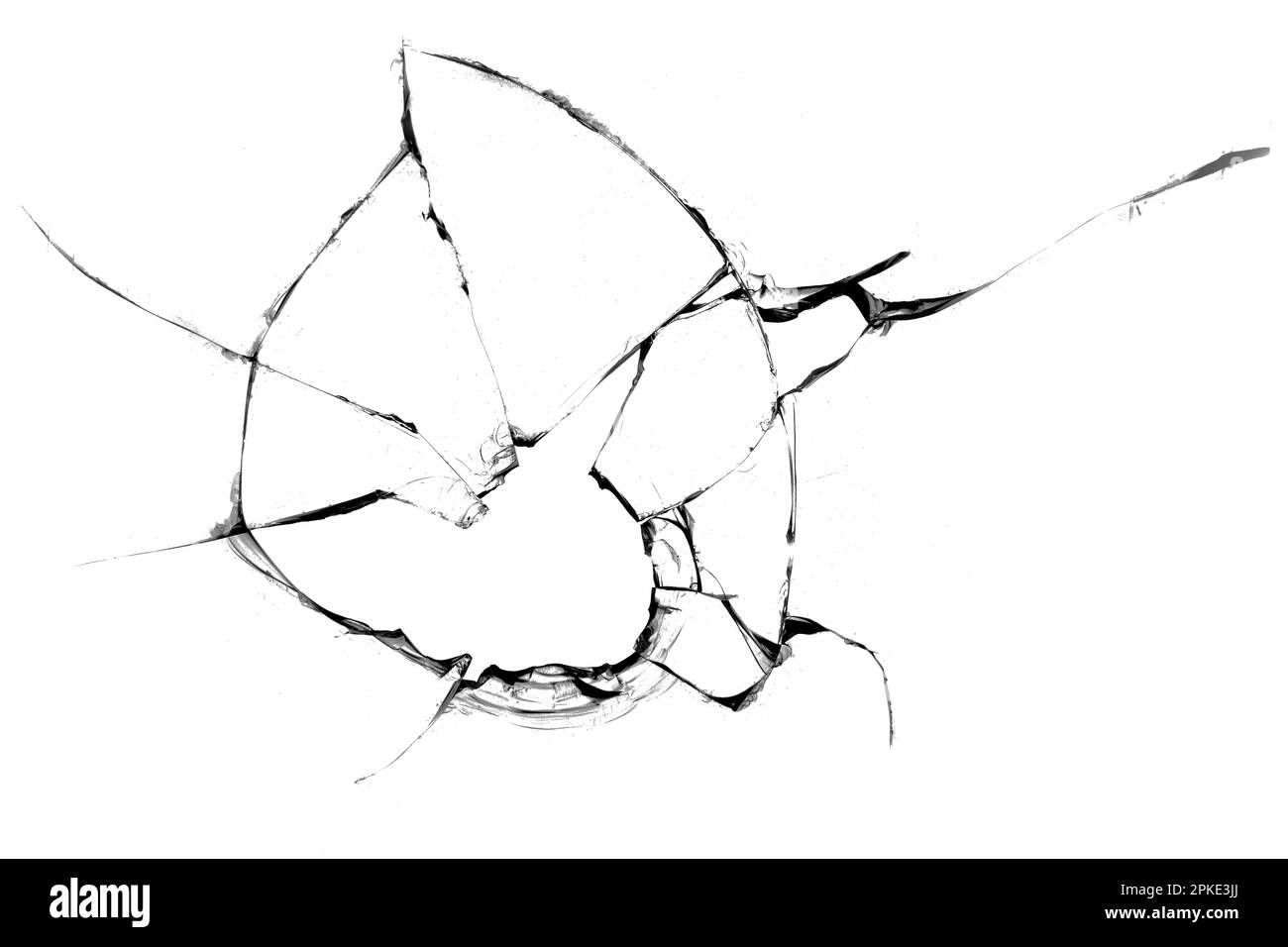 Concetto di vetro rotto con foro per il disegno su sfondo bianco Foto Stock