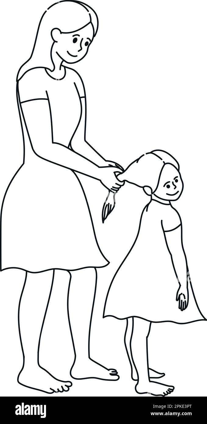 La madre sta intrecciando i capelli della figlia. Mamma e figlia insieme. Tema della Festa della mamma. Grafica vettoriale Illustrazione Vettoriale