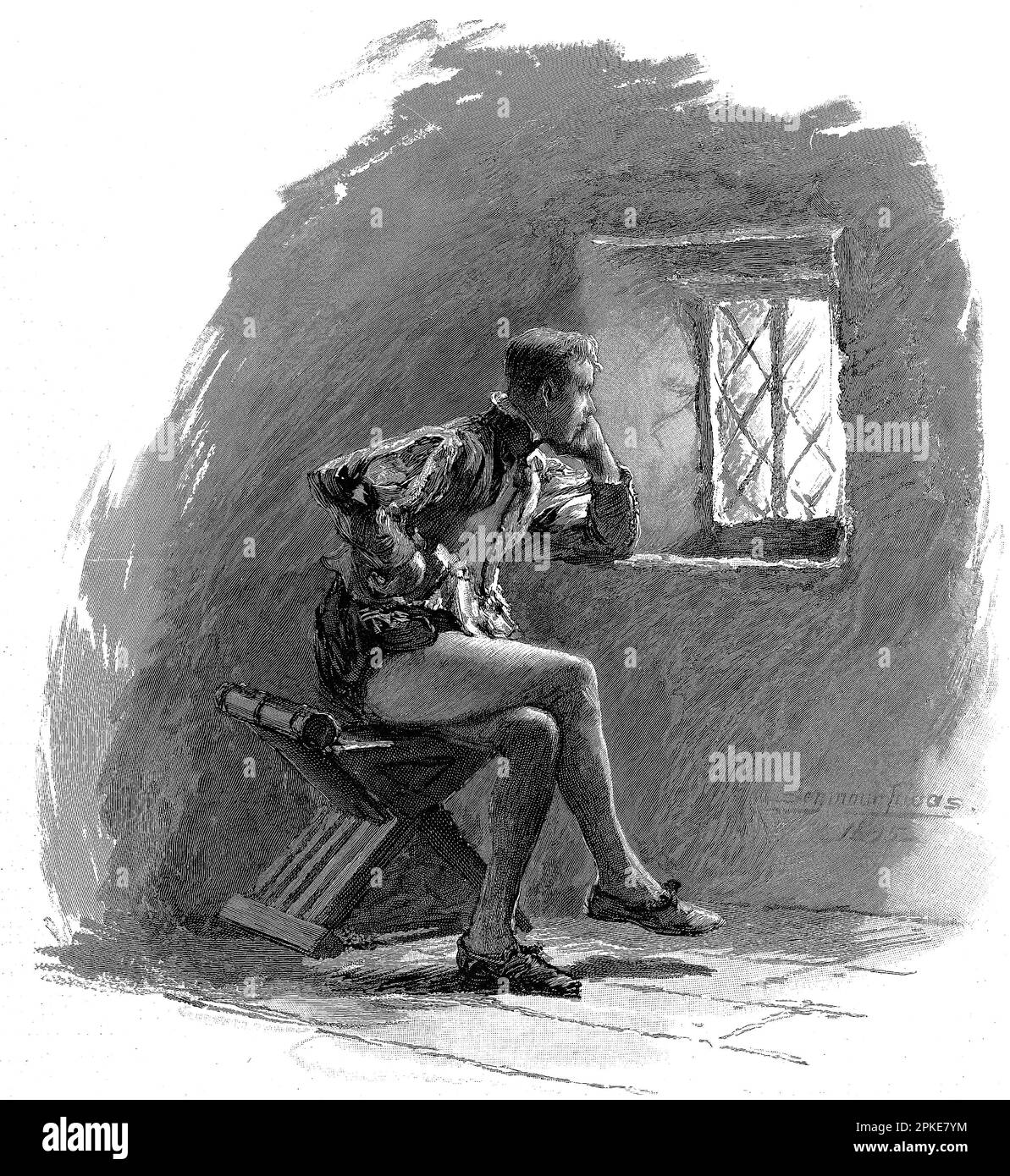 Incisione di un uomo in stile tudor guardando attraverso una finestra, pubblicato nel 1896 Foto Stock