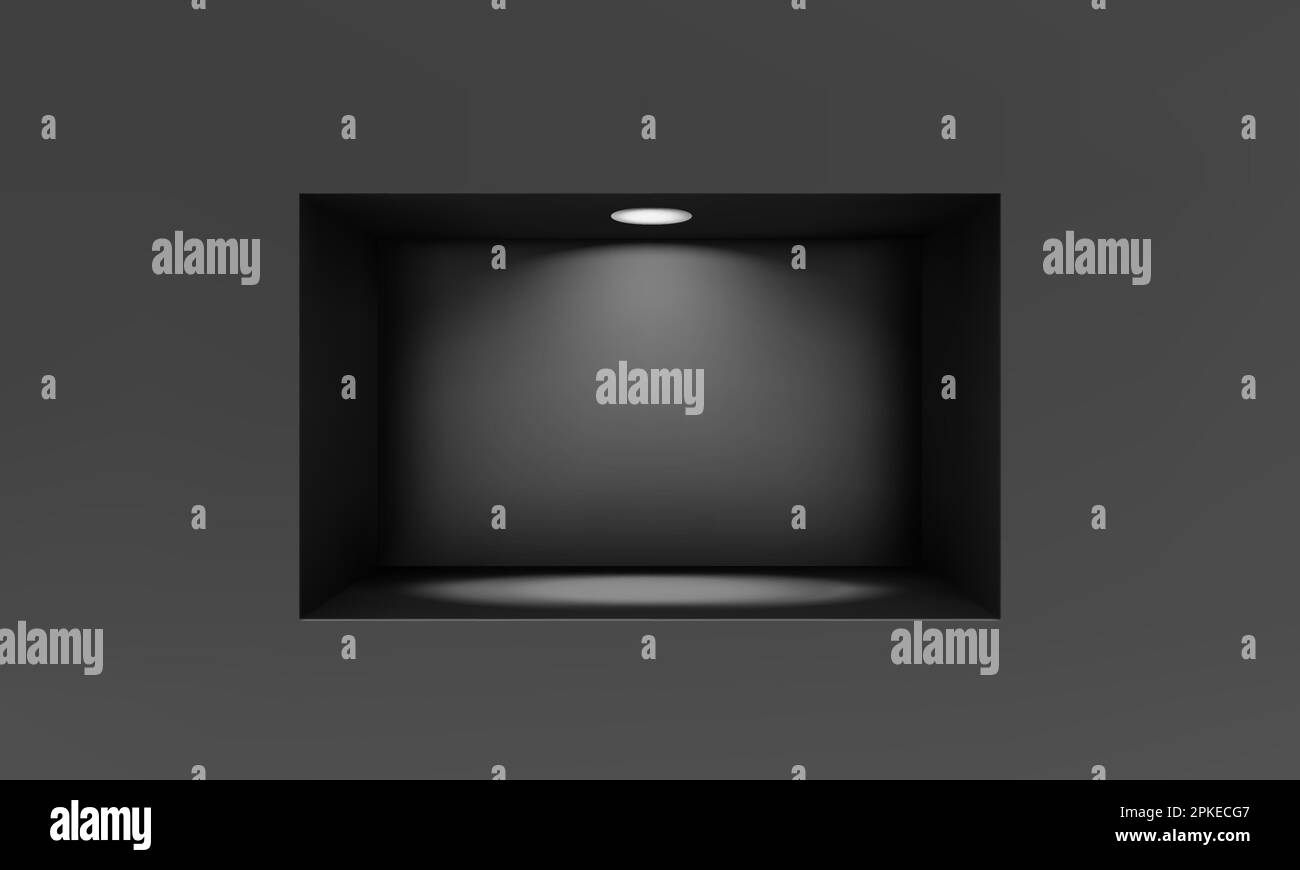Nicchia vuota o scaffale su parete nera con luce a LED 3D mockup. Negozio, galleria vetrine in plastica o legno per presentare il prodotto. Spazio vuoto per lo stoccaggio al dettaglio. Illustrazione Vettoriale