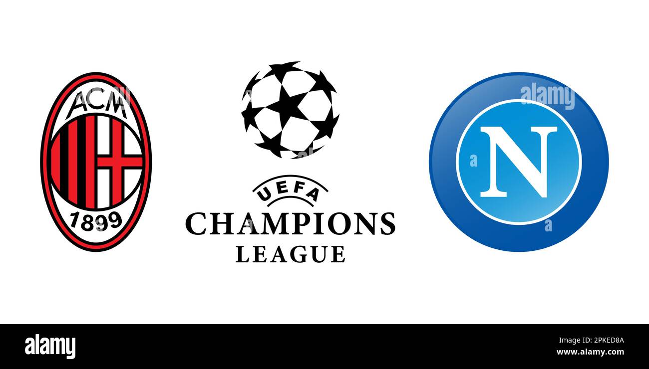 Vinnitsa, Ucraina - 20 marzo 2023: Calcio Milano vs Napoli club Icons.Lega dei campioni. Illustrazione editoriale vettoriale Illustrazione Vettoriale
